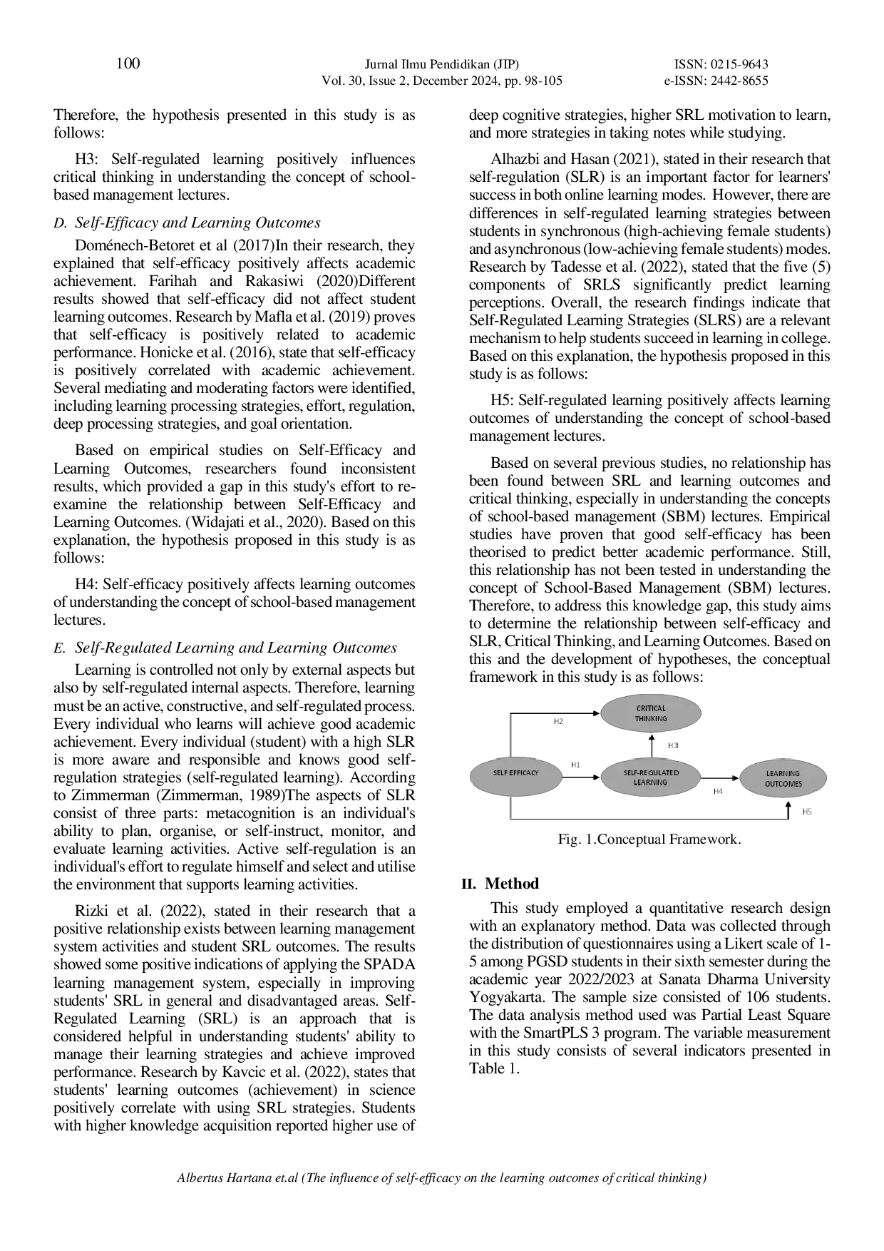 JURIS The influence of self efficacy on the learning outcomes of critical thinking skills and understanding of concepts in a school based management course
