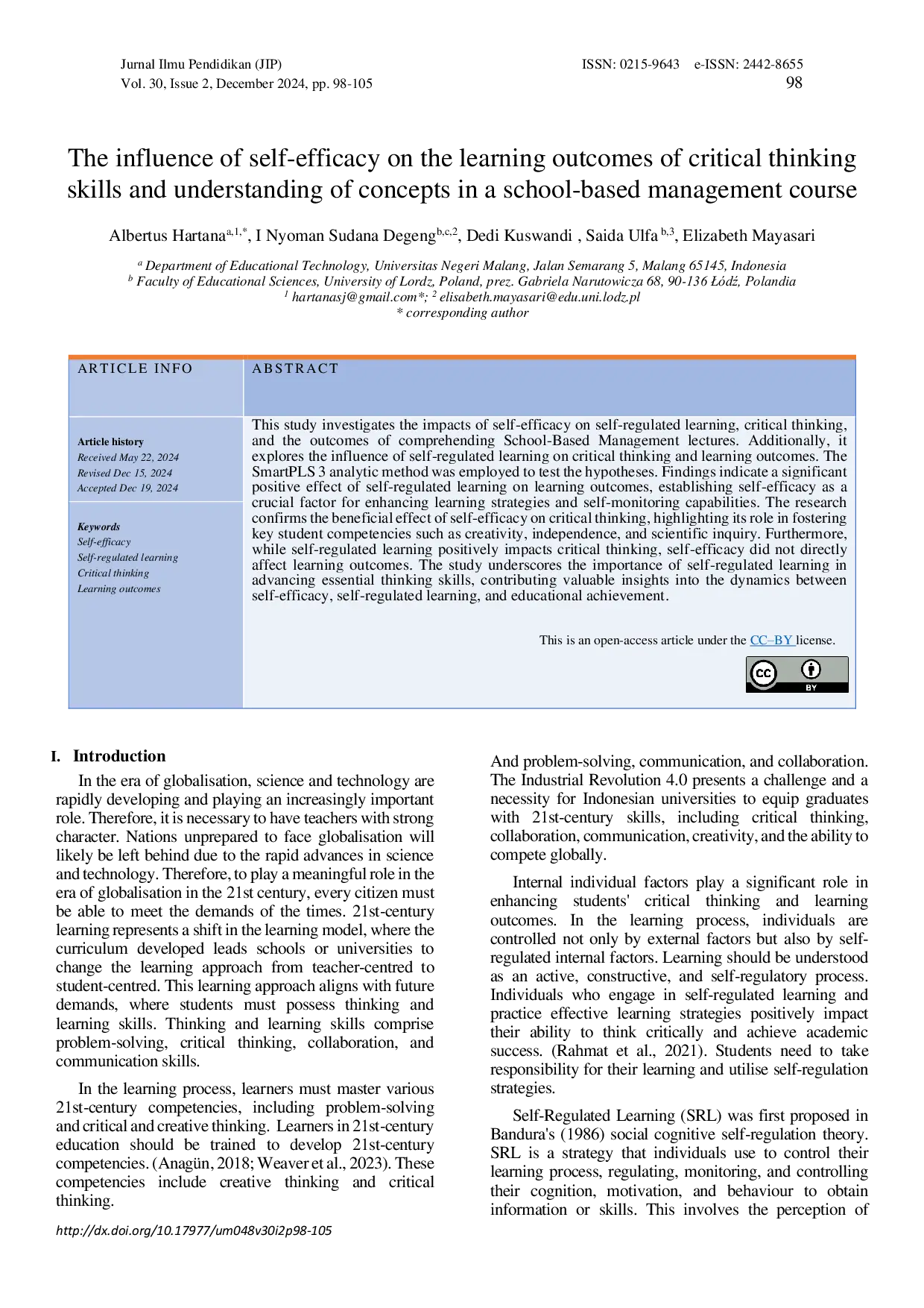 JURIS The influence of self efficacy on the learning outcomes of critical thinking skills and understanding of concepts in a school based management course