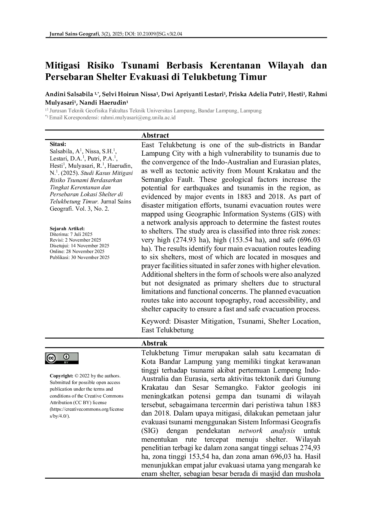 JURIS Mitigasi Risiko Tsunami Berbasis Kerentanan Wilayah dan Persebaran Shelter Evakuasi di Telukbetung Timur