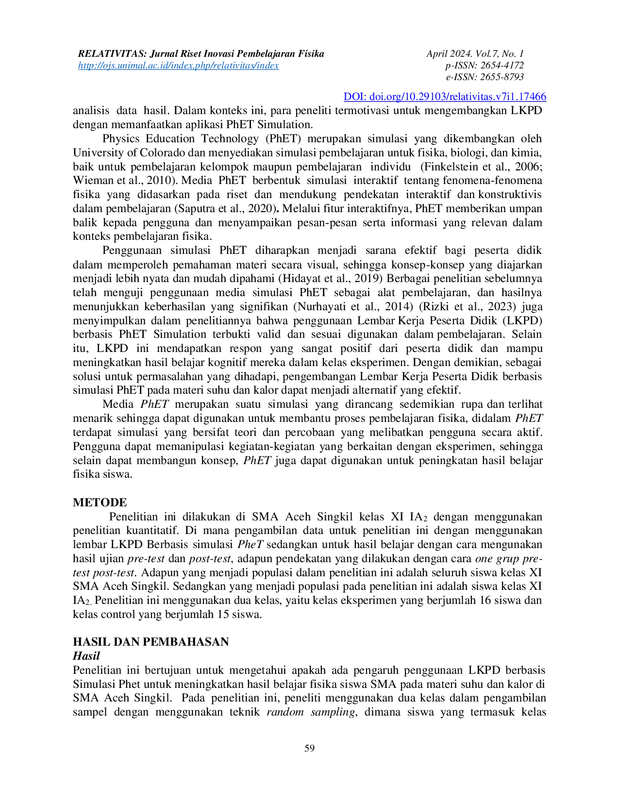 JURIS Pengaruh Penerapan LKPD Ber Basis Simulasi PhET untuk Meningkatkan Hasil Belajar Siswa pada Materi Suhu dan Kalor