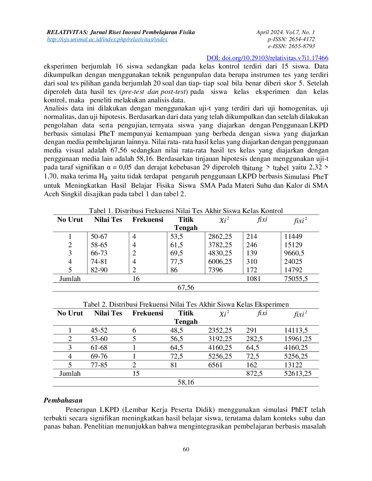 JURIS Pengaruh Penerapan LKPD Ber Basis Simulasi PhET untuk Meningkatkan Hasil Belajar Siswa pada Materi Suhu dan Kalor