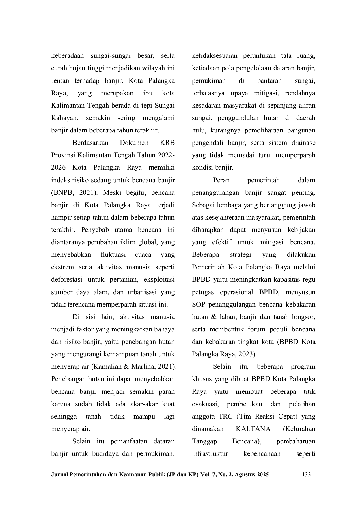 JURIS Evaluasi Sistem Drainase dalam Mitigasi Bencana Banjir di Kota Palangka Raya