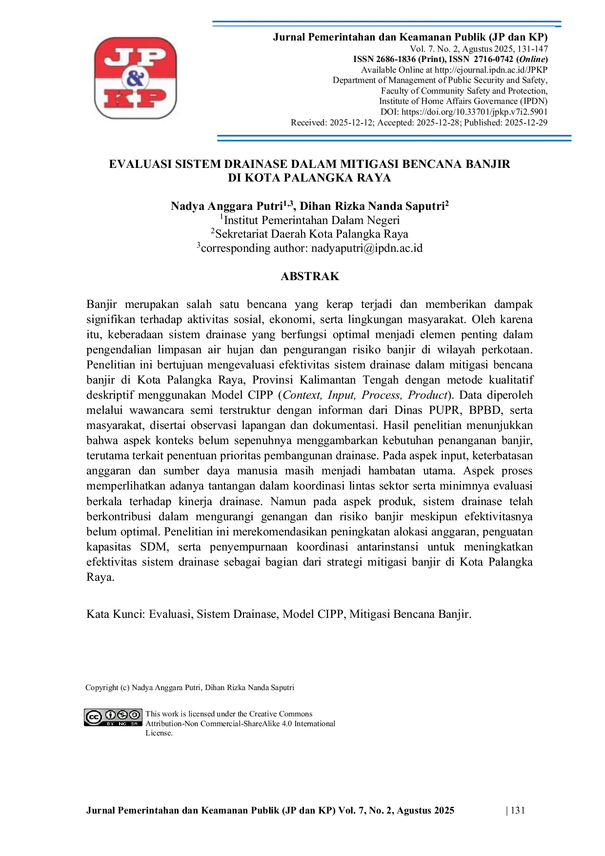 JURIS Evaluasi Sistem Drainase dalam Mitigasi Bencana Banjir di Kota Palangka Raya