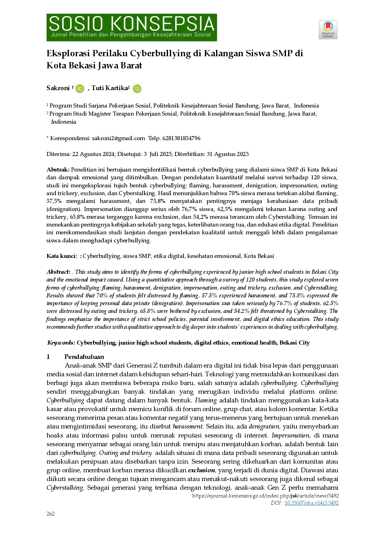 juris Eksplorasi Perilaku Cyberbullying di Kalangan Siswa SMP Di Bekasi Jawa Barat