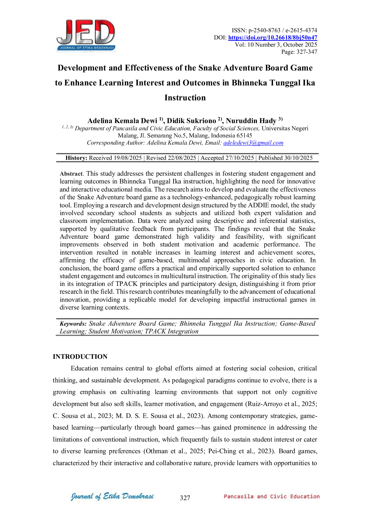 JURIS Development and Effectiveness of the Snake Adventure Board Game to Enhance Learning Interest and Outcomes in Bhinneka Tunggal Ika Instruction