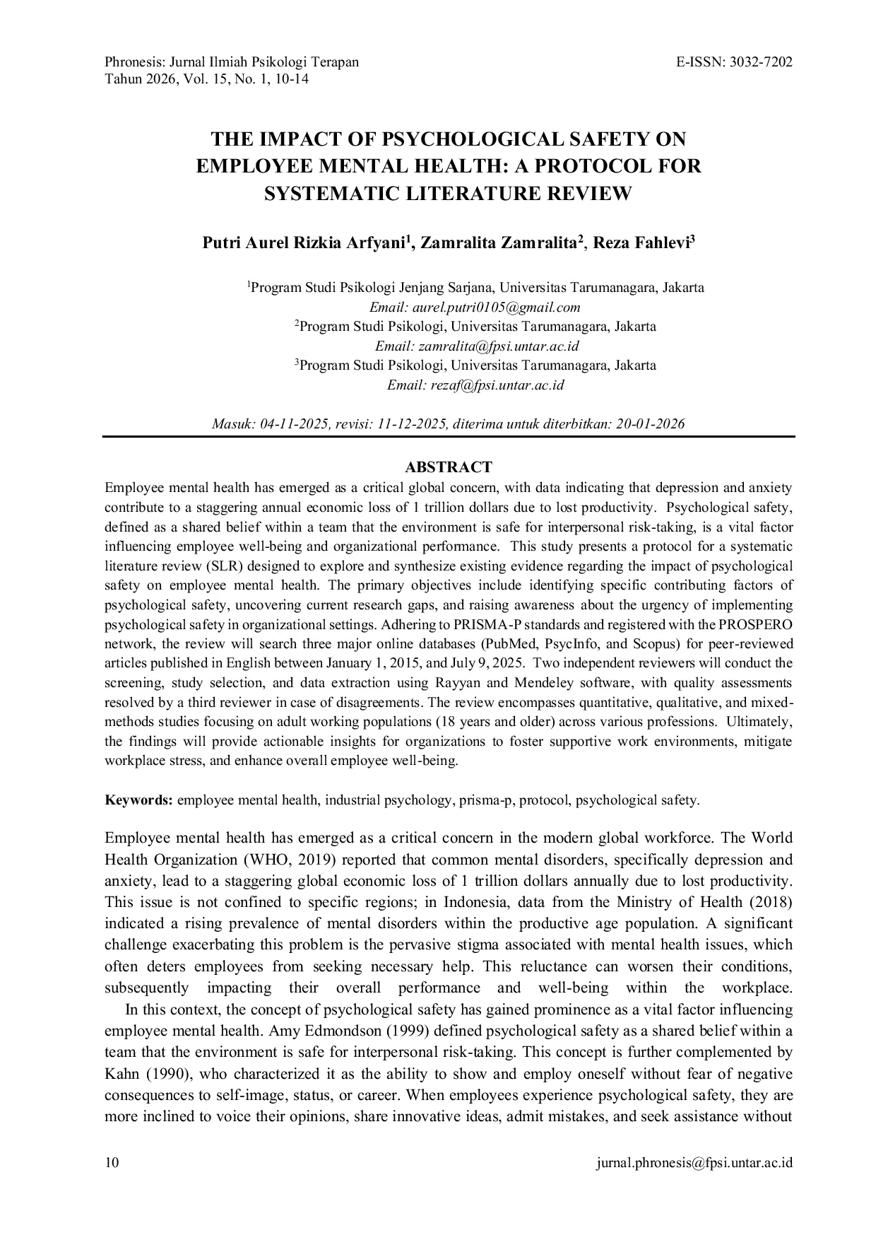 JURIS The Impact Of Psychological Safety On Employee Mental Health A Protocol For Systematic Literature Review