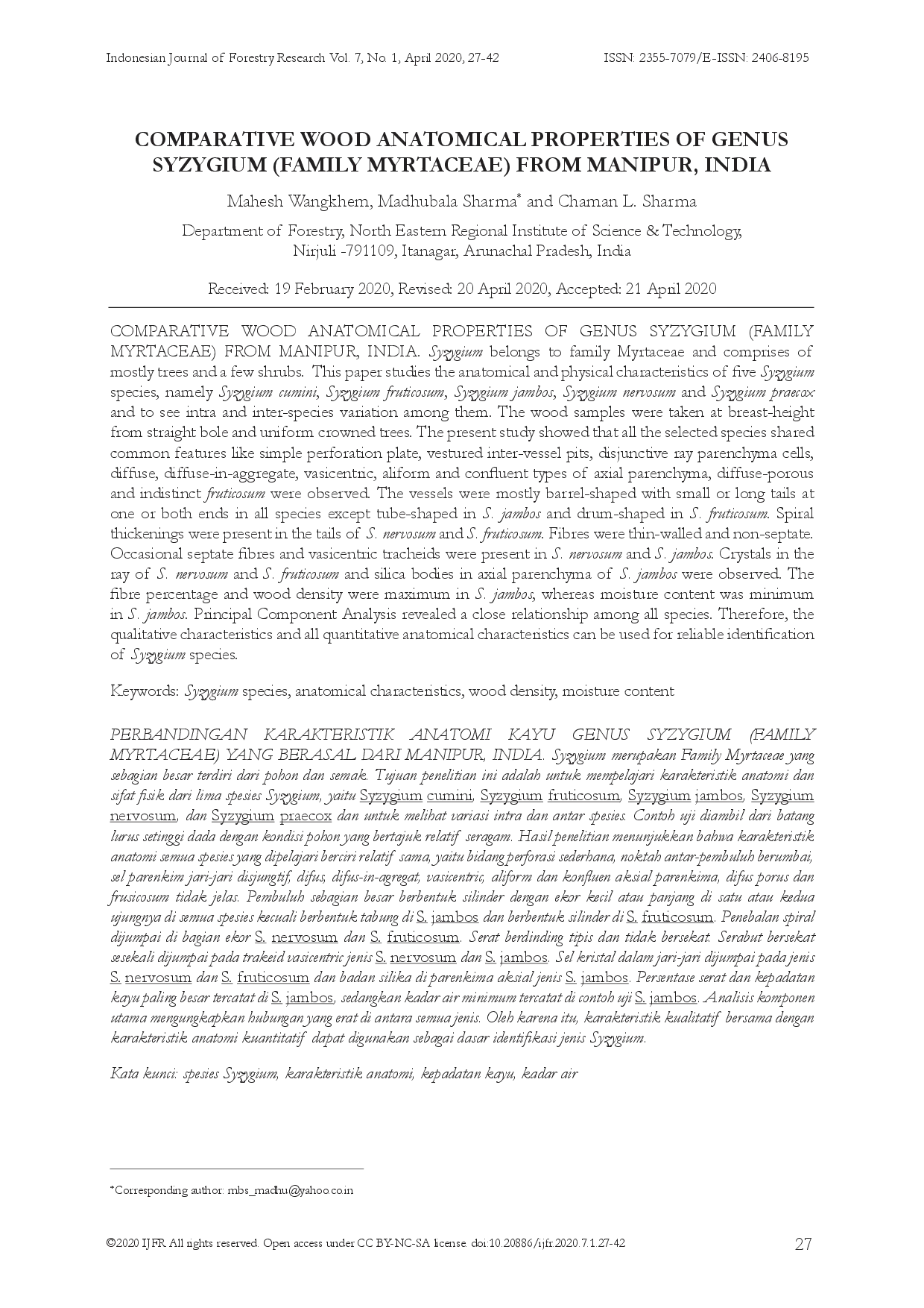 juris Perbandingan Karakteristik Anatomi Kayu Genus Syzygium Familia Myrtaceae Yang Berasal Dari Manipur India