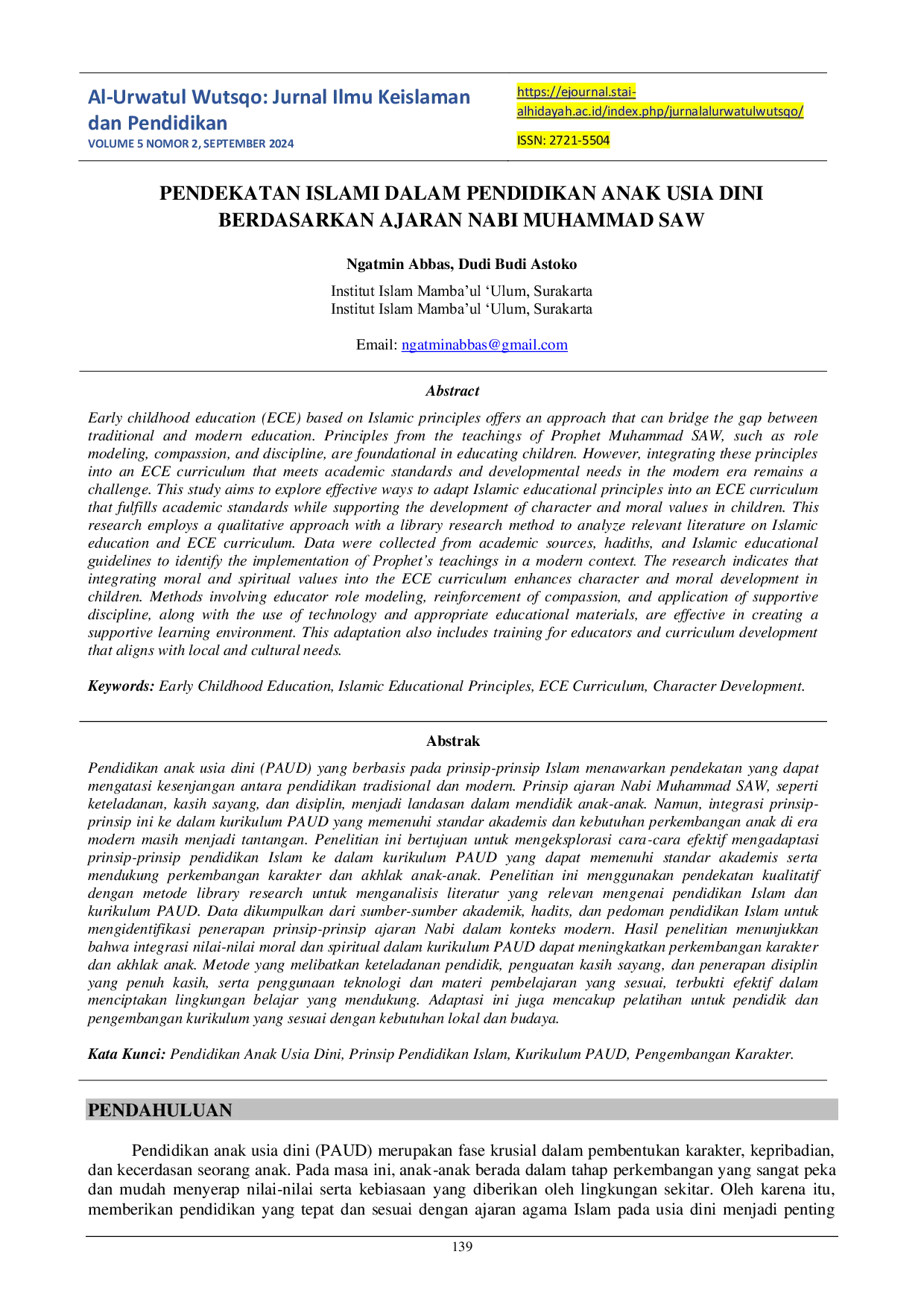 JURIS Pendekatan Islami Dalam Pendidikan Anak Usia Dini Berdasarkan Ajaran Nabi Muhammad SAW