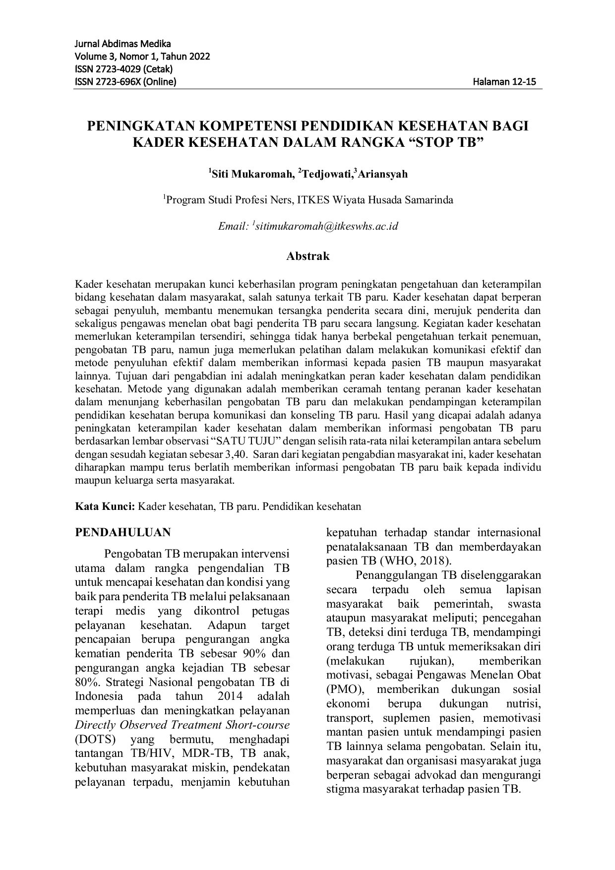 JURIS Peningkatan Kompetensi Pendidikan Kesehatan Bagi Kader Kesehatan Dalam Rangka STOP TB