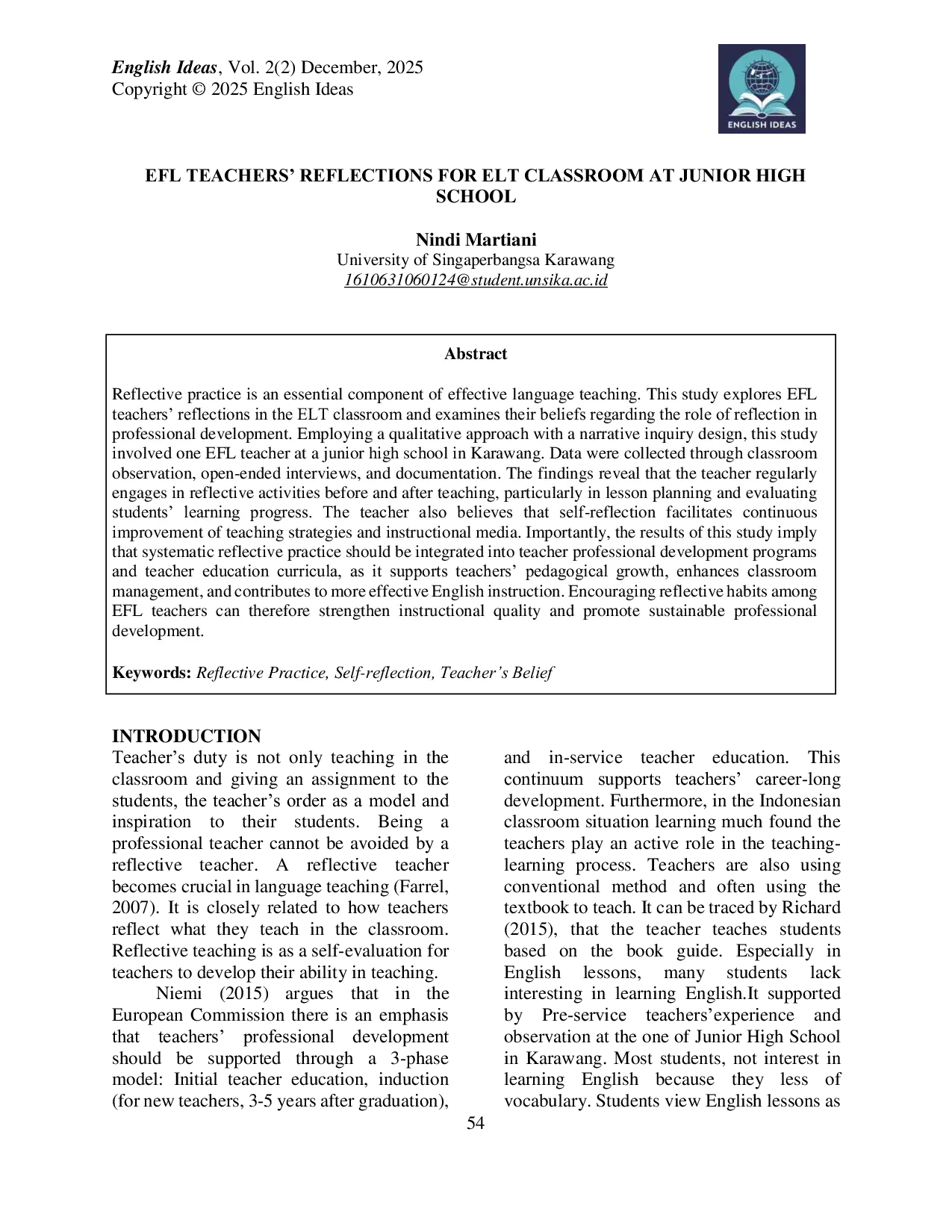 JURIS Efl teachers reflections for ELT classroom at junior high school