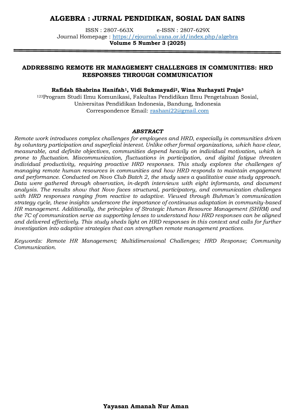 JURIS Addressing Remote HR Management Challenges in Communities HRD Responses Through Communication