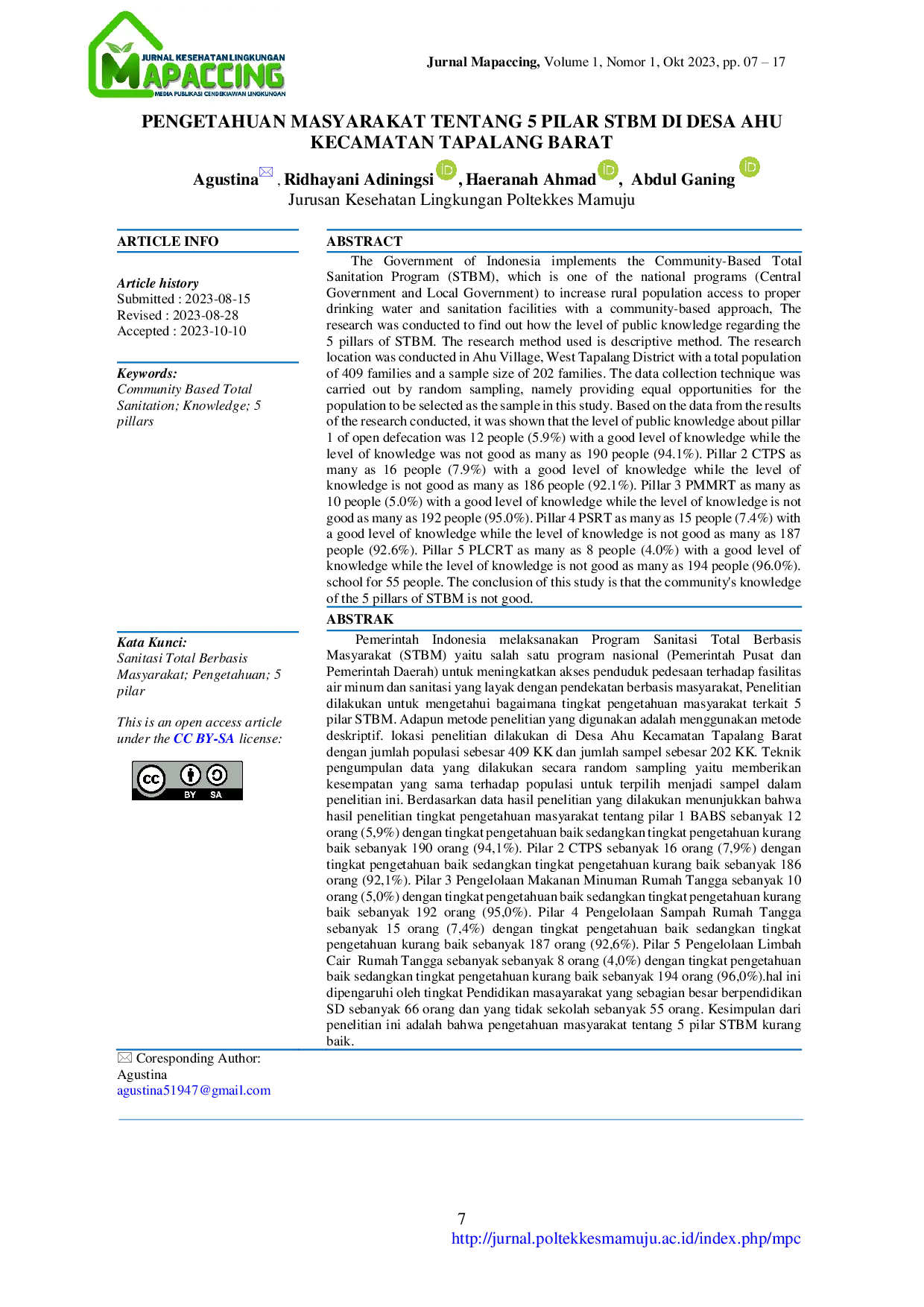 JURIS Pengetahuan Masyarakat tentang 5 Pilar STBM di Desa Ahu Kecamatan Tapalang Barat