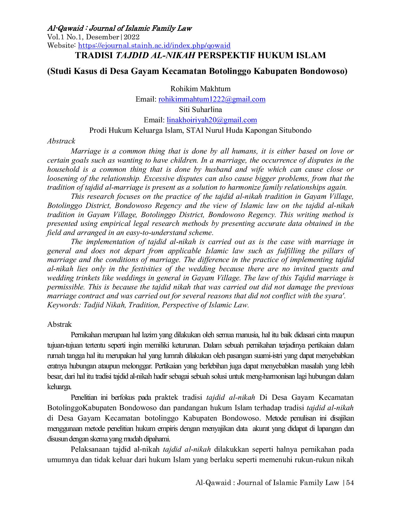 JURIS TRADISI TAJDID AL NIKAH PERSPEKTIF HUKUM ISLAM Studi Kasus di Desa Gayam Kecamatan Botolinggo Kabupaten Bondowoso