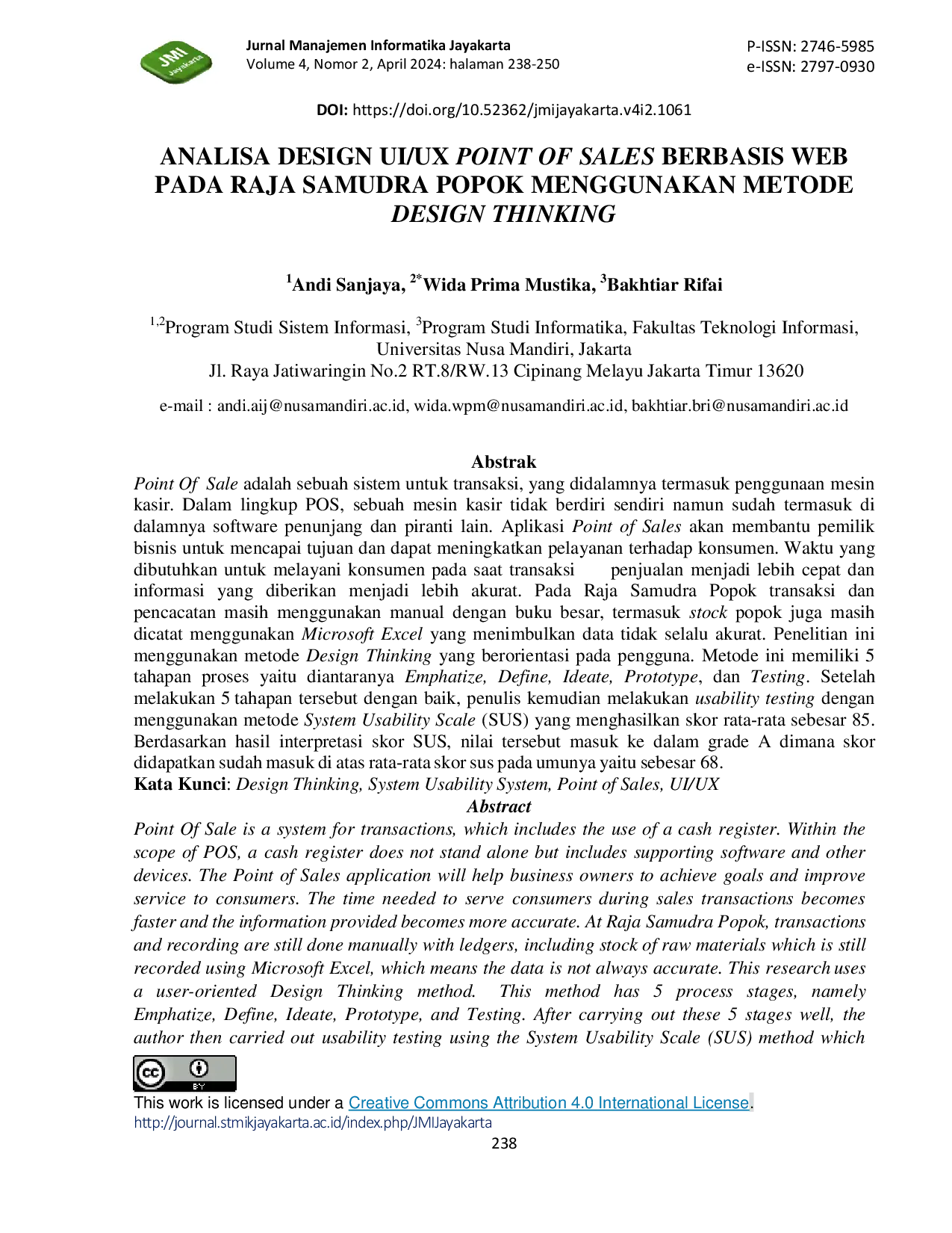 JURIS Analisa Design Ui Ux Point Of Sales Berbasis Web Pada Raja Samudra Popok Menggunakan Metode Design Thinking