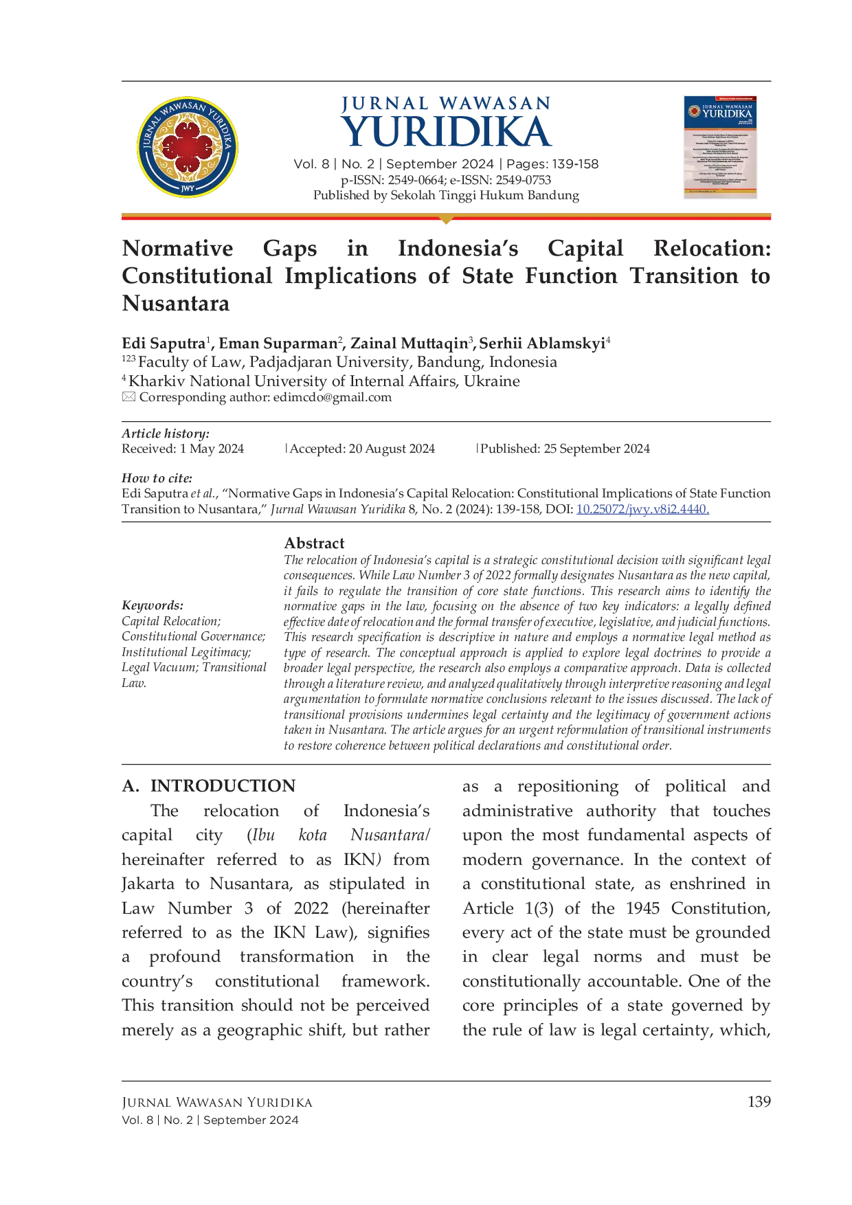 JURIS Normative Gaps in Indonesia s Capital Relocation Constitutional Implications of State Function Transition to Nusantara