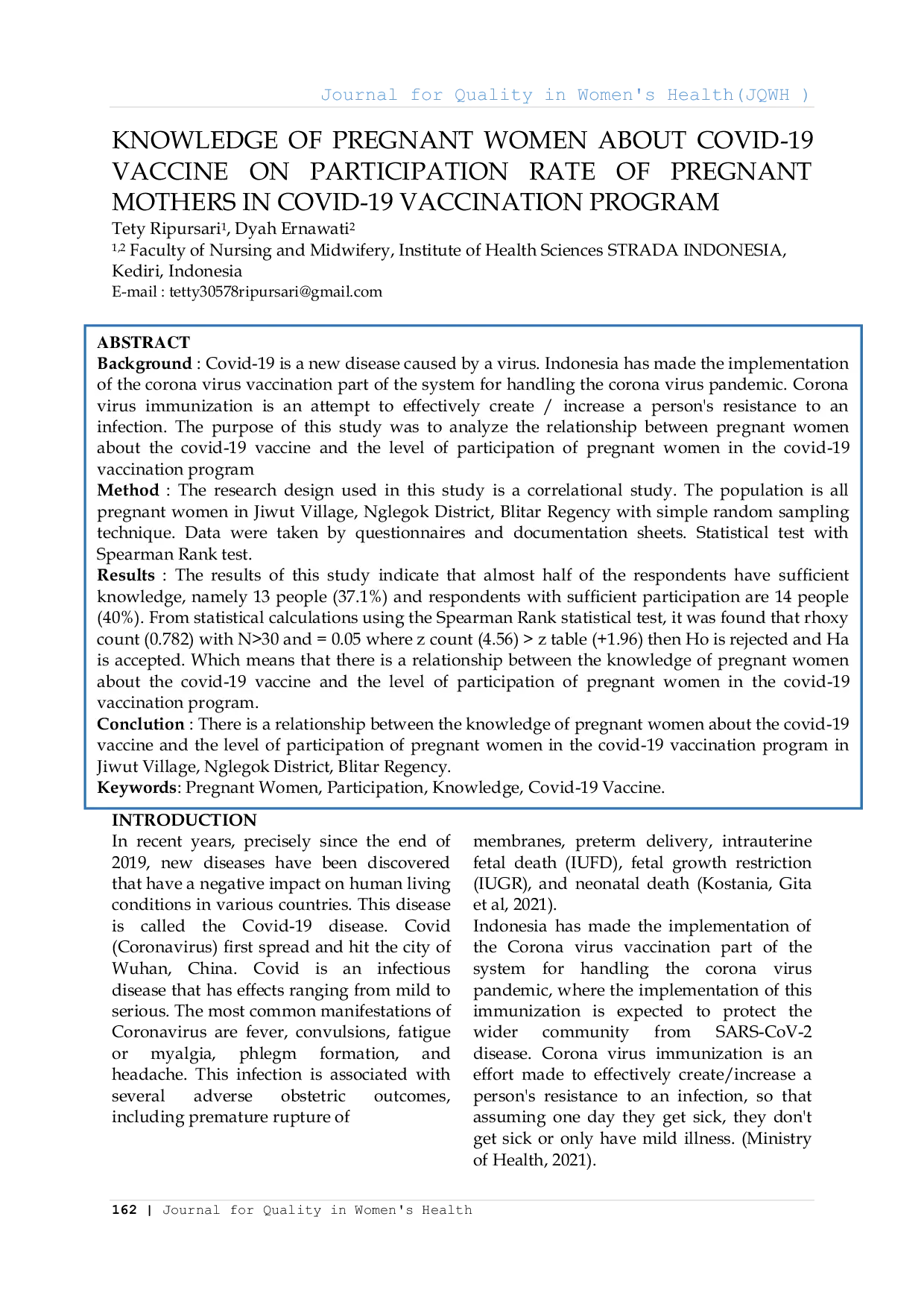 JURIS Pengetahuan Ibu Hamil Tentang Vaksin Covid 19 dan Tingkat Partisipasi Ibu Hamil dalam Program Vaksinasi Covid 19