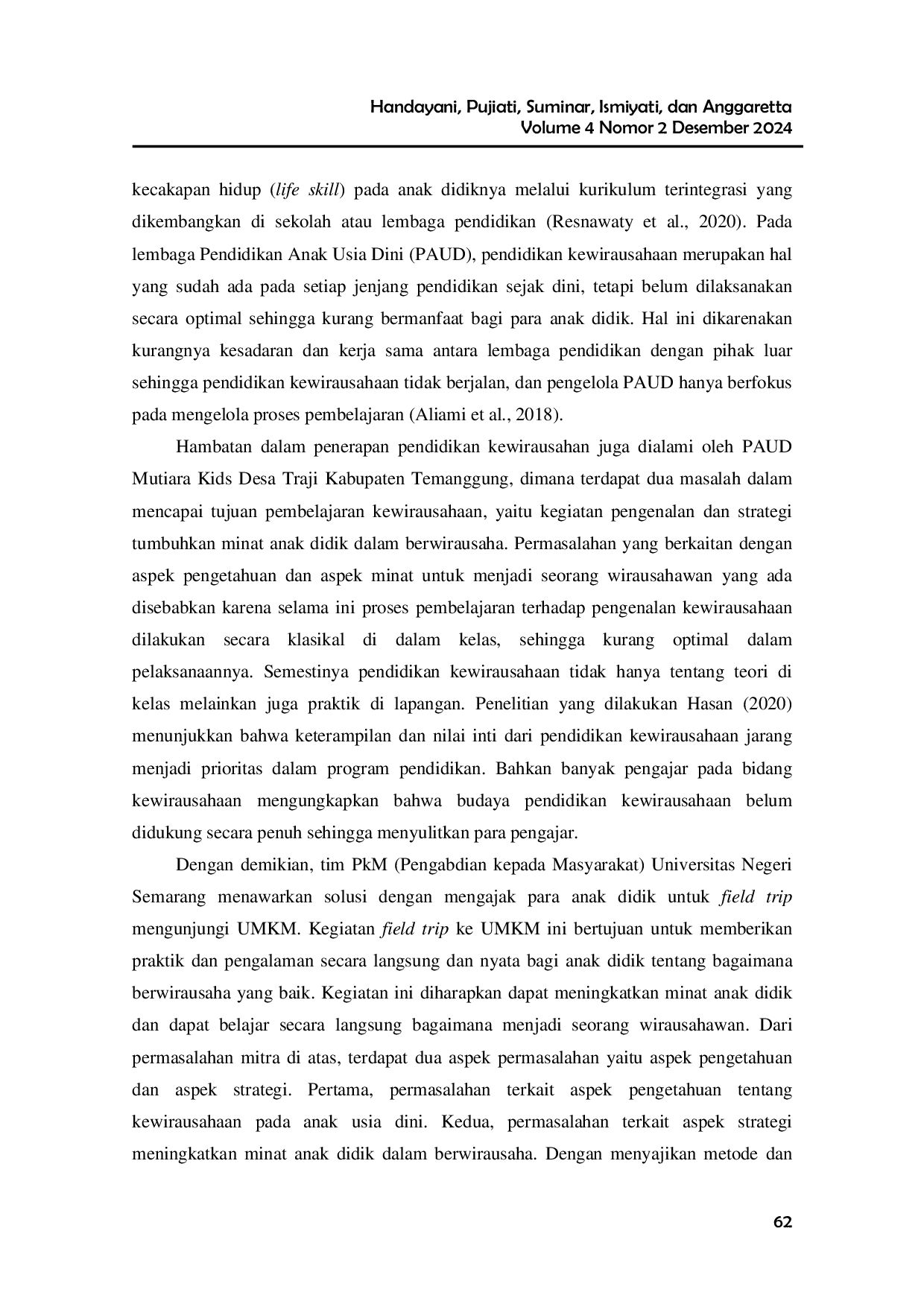 JURIS Peningkatan Nilai Entrepreneurship Dan Minat Berwirausaha Anak Usia Dini Melalui Kegiatan Field Trip Umkm