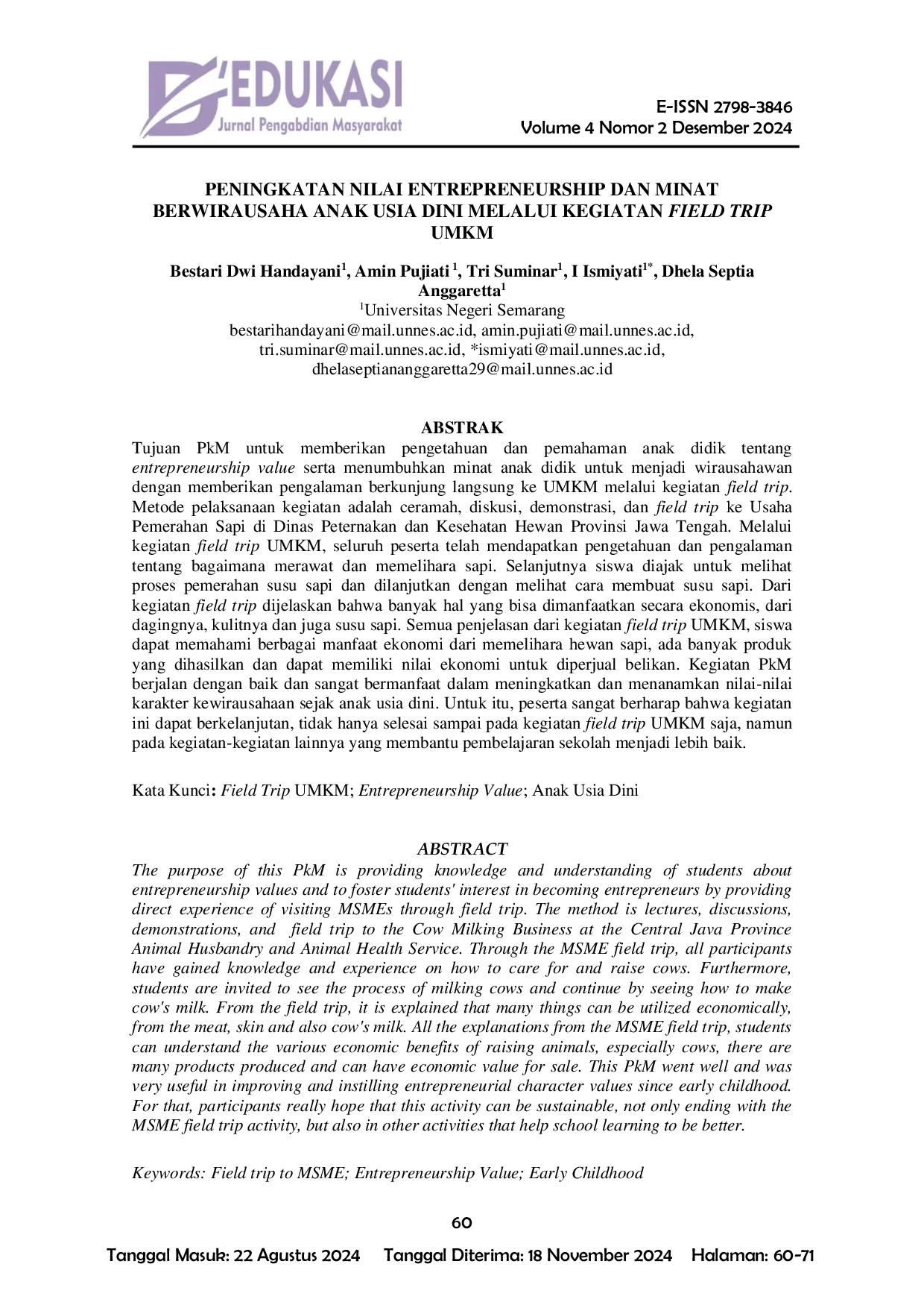 JURIS Peningkatan Nilai Entrepreneurship Dan Minat Berwirausaha Anak Usia Dini Melalui Kegiatan Field Trip Umkm