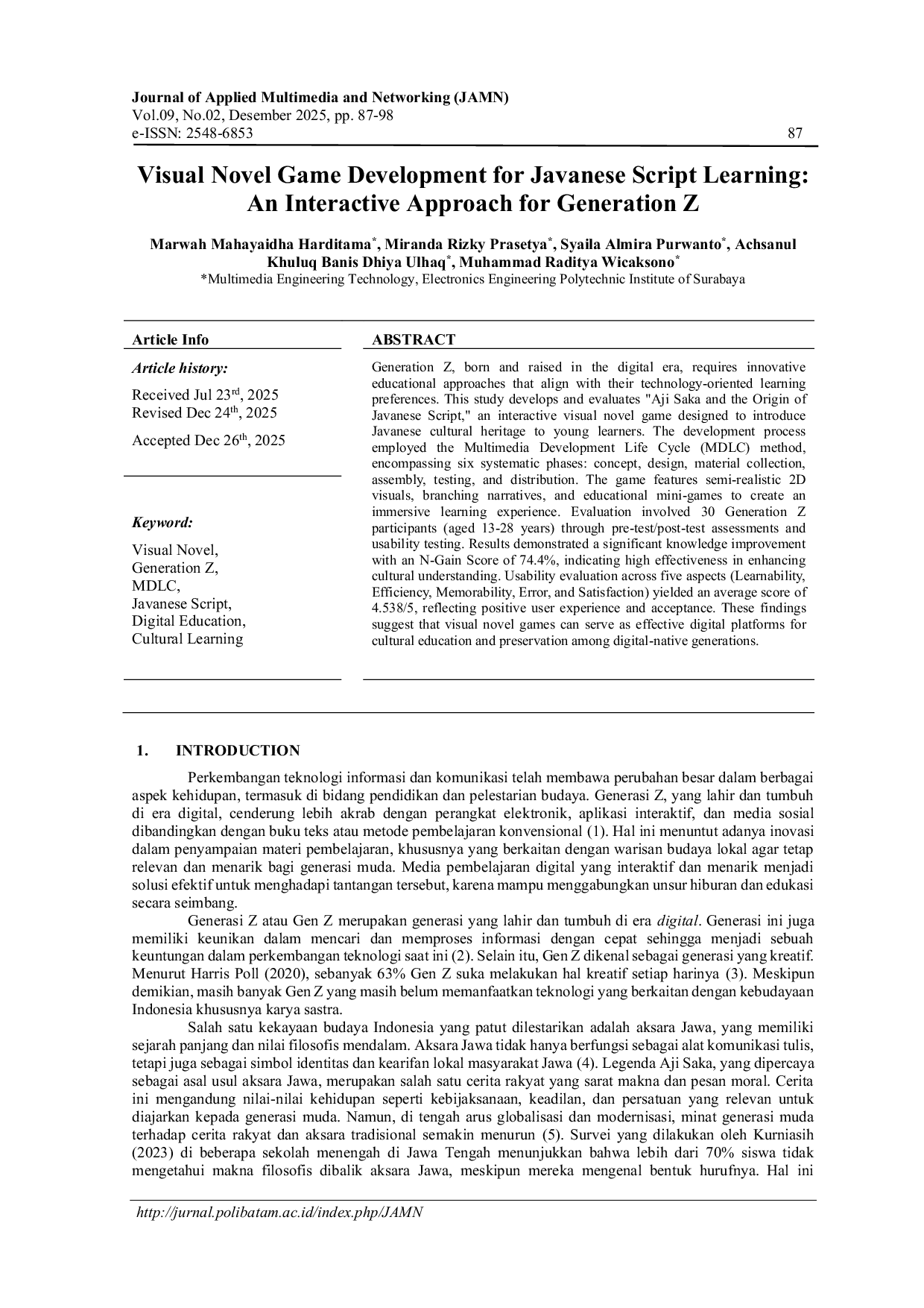 JURIS Designing Visual Novel Games as Alternative Learning Media for Introduction to the Origins of Javanese Script for Gen Z