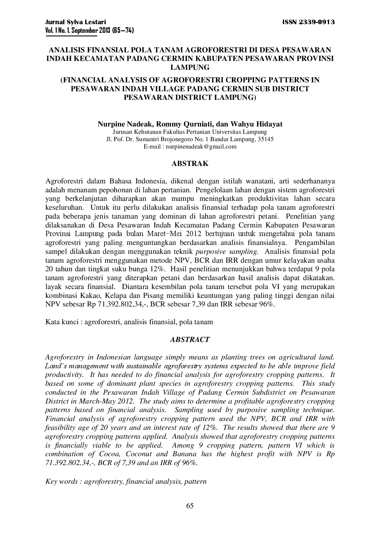 juris Analisis Finansial Pola Tanam Agroforestri Di Desa Pesawaran Indah Kecamatan Padang Cermin Kabupaten Pesawaran Provinsi Lampung