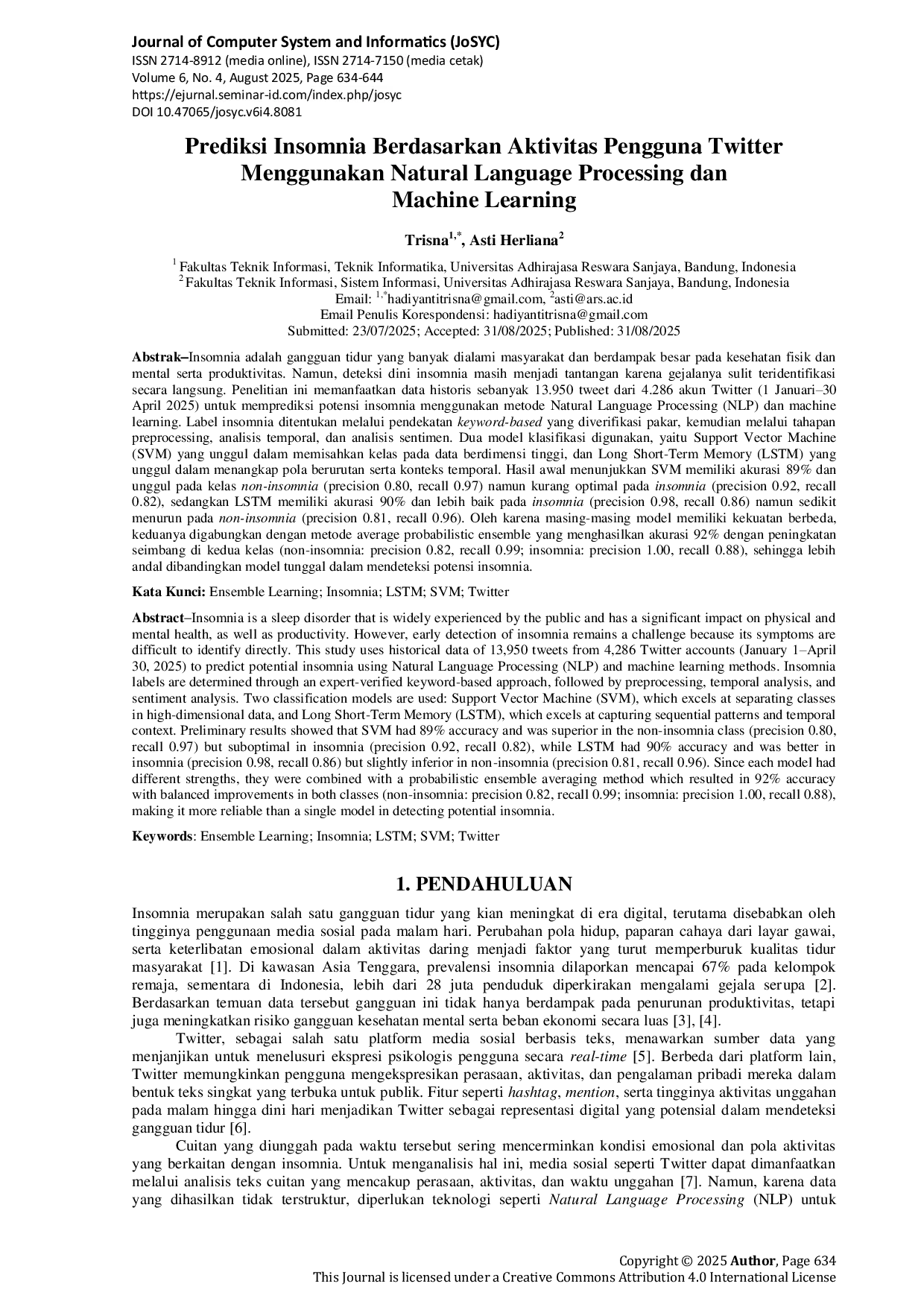 JURIS Prediksi Insomnia Berdasarkan Aktivitas Pengguna Twitter Menggunakan Natural Language Processing dan Machine Learning
