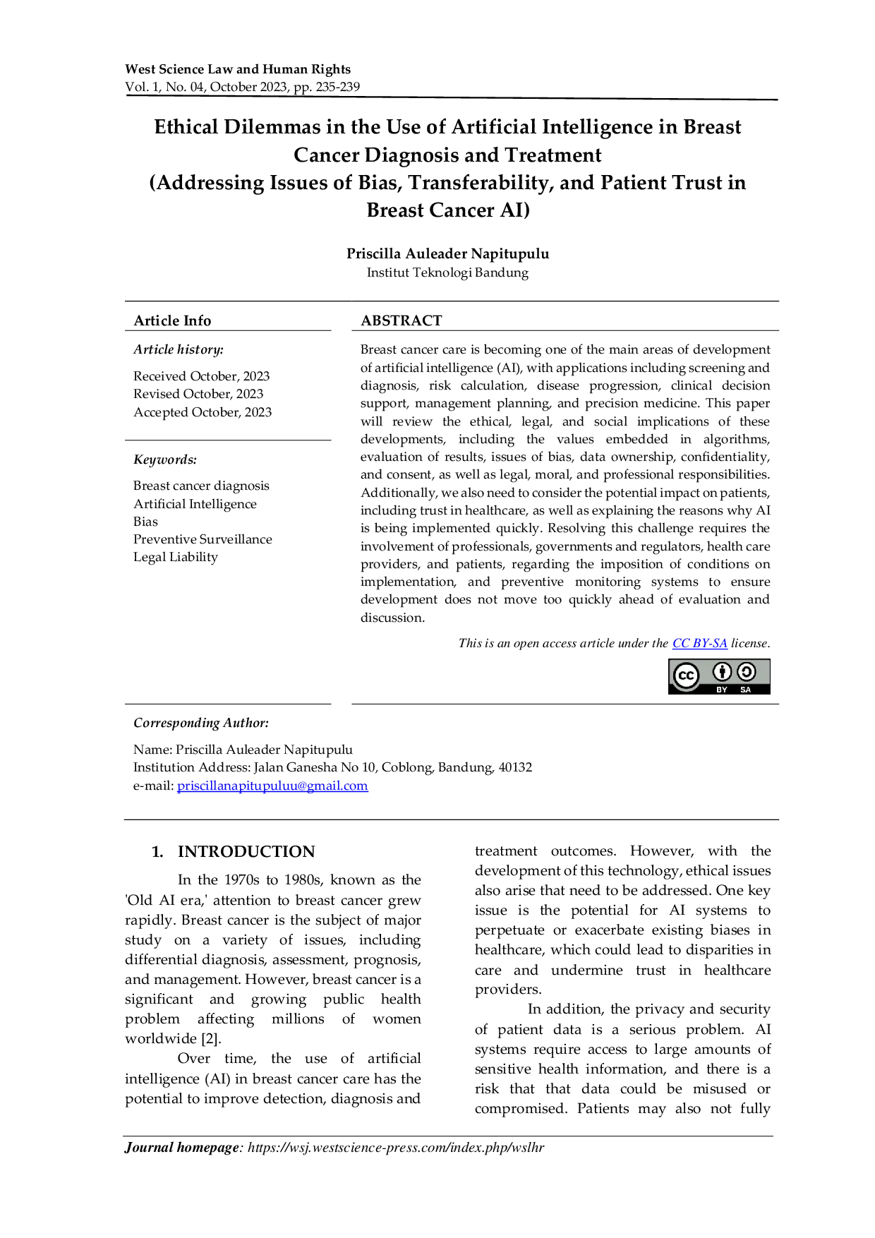 JURIS Ethical Dilemmas in the Use of Artificial Intelligence in Breast Cancer Diagnosis and Treatment Addressing Issues of Bias Transferability and Patient Trust in Breast Cancer AI