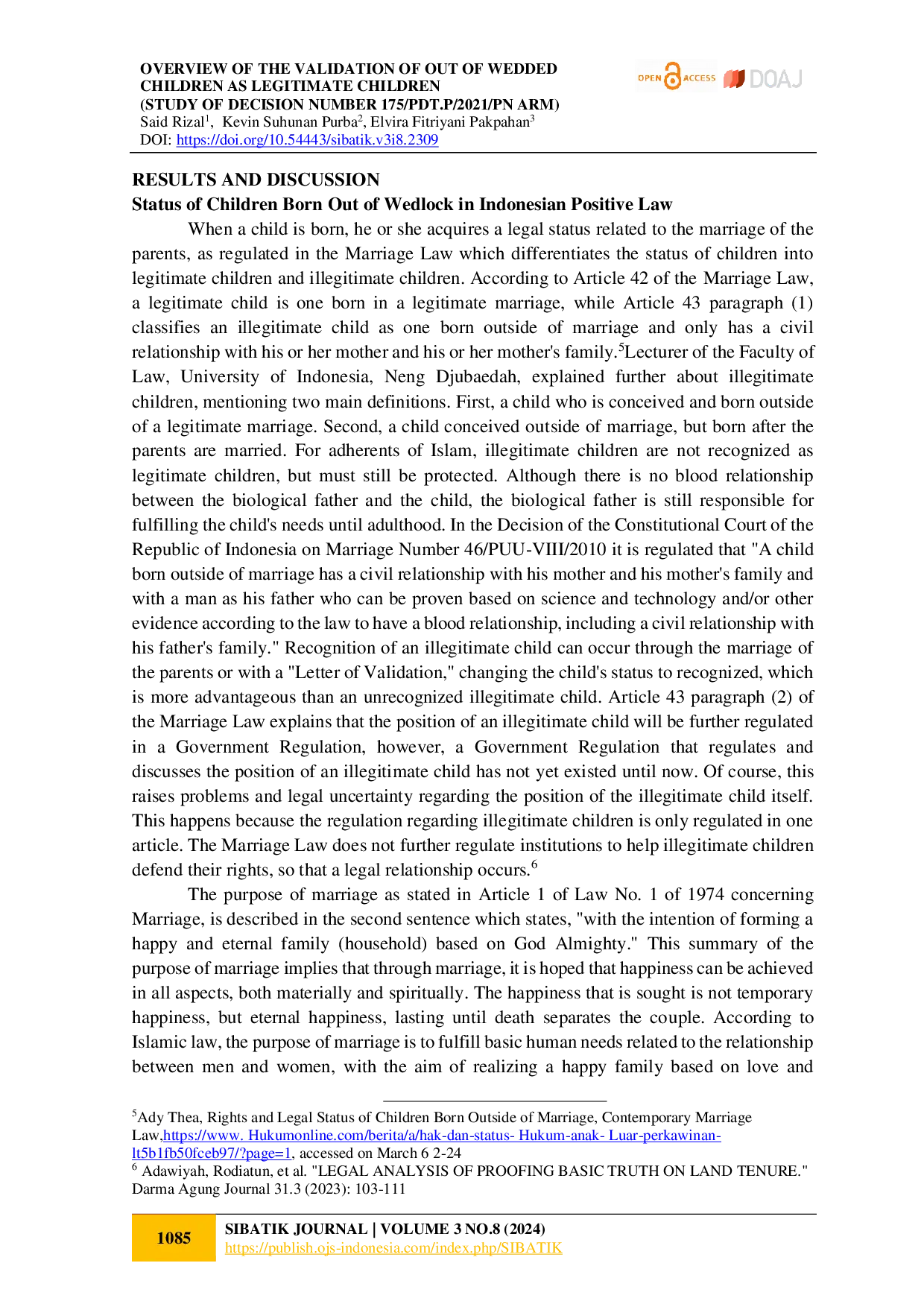 juris Overview of the Validation of Out of Weded Children as Legitimate Children Study of Decision Number 175 PDT P 2021 PN Arm