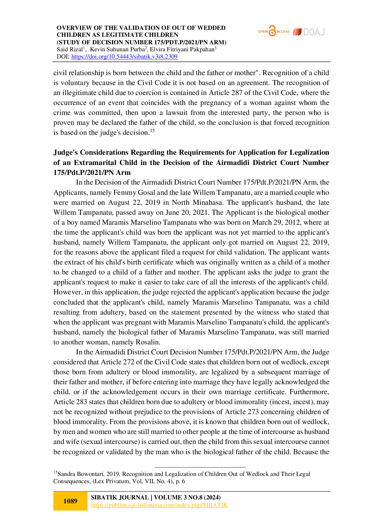 juris Overview of the Validation of Out of Weded Children as Legitimate Children Study of Decision Number 175 PDT P 2021 PN Arm