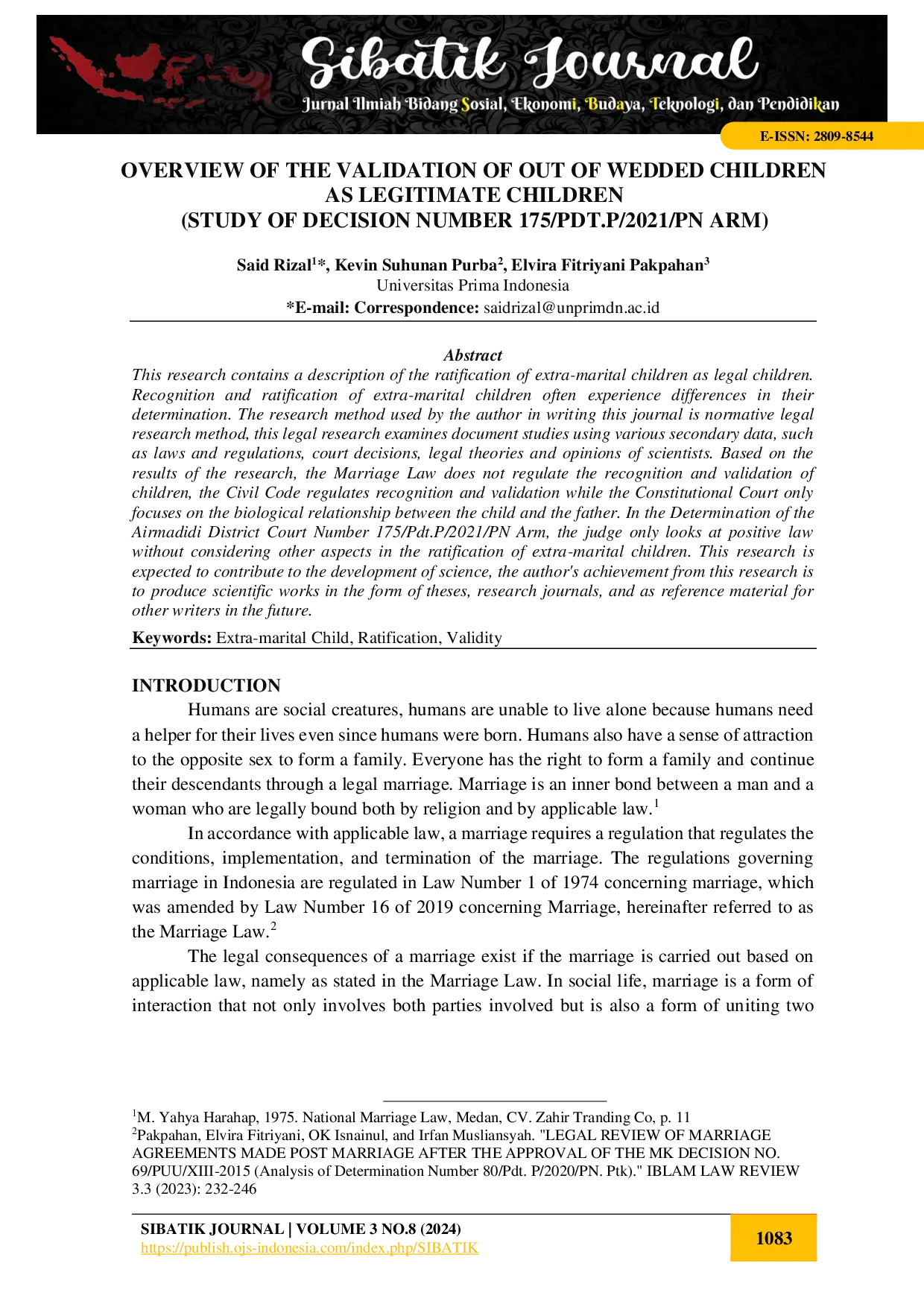 juris Overview of the Validation of Out of Weded Children as Legitimate Children Study of Decision Number 175 PDT P 2021 PN Arm