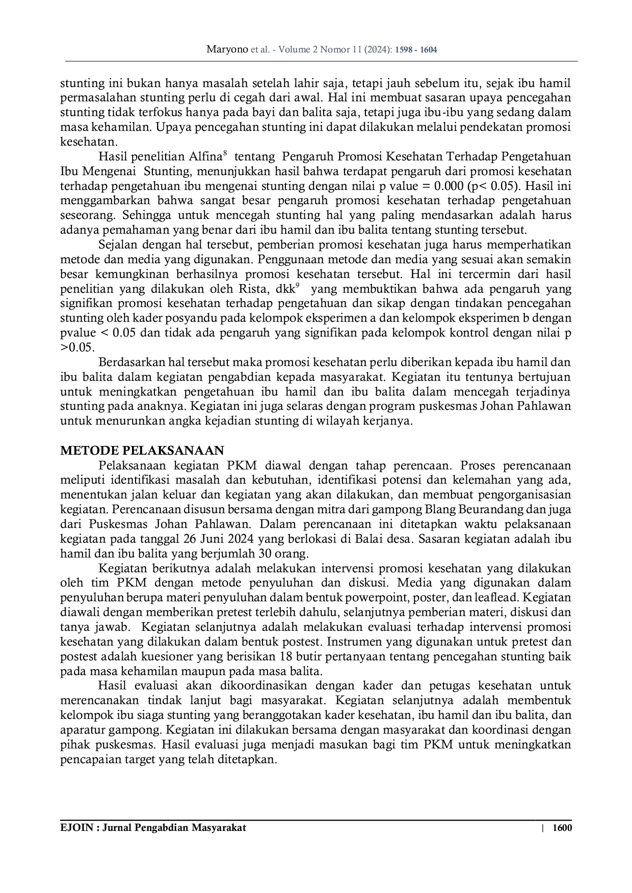 JURIS Intervensi Promosi Kesehatan Pada Ibu Hamil Dan Ibu Balita Dalam Pencegahan Stunting