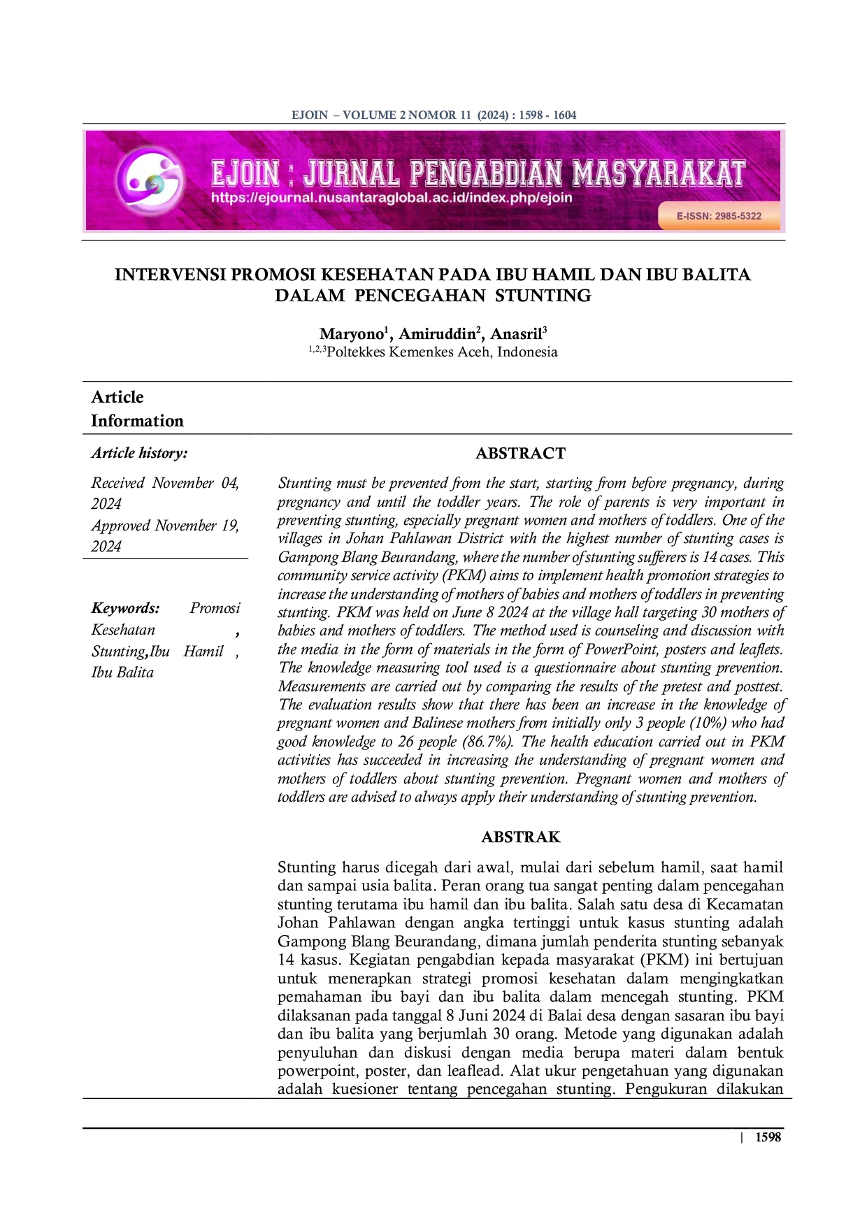 JURIS Intervensi Promosi Kesehatan Pada Ibu Hamil Dan Ibu Balita Dalam Pencegahan Stunting