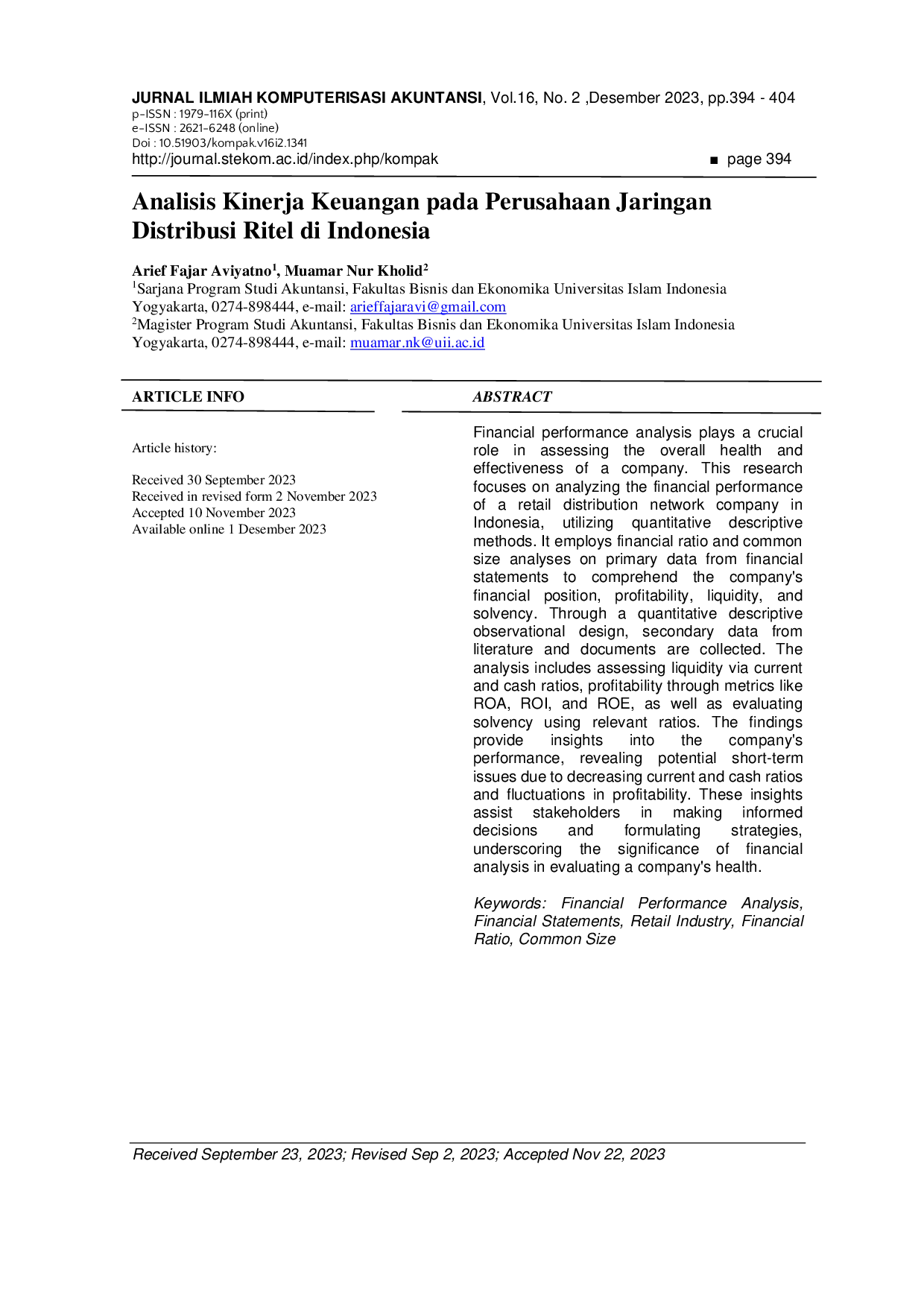 JURIS Analisis Kinerja Keuangan pada Perusahaan Jaringan Distribusi Ritel di Indonesia