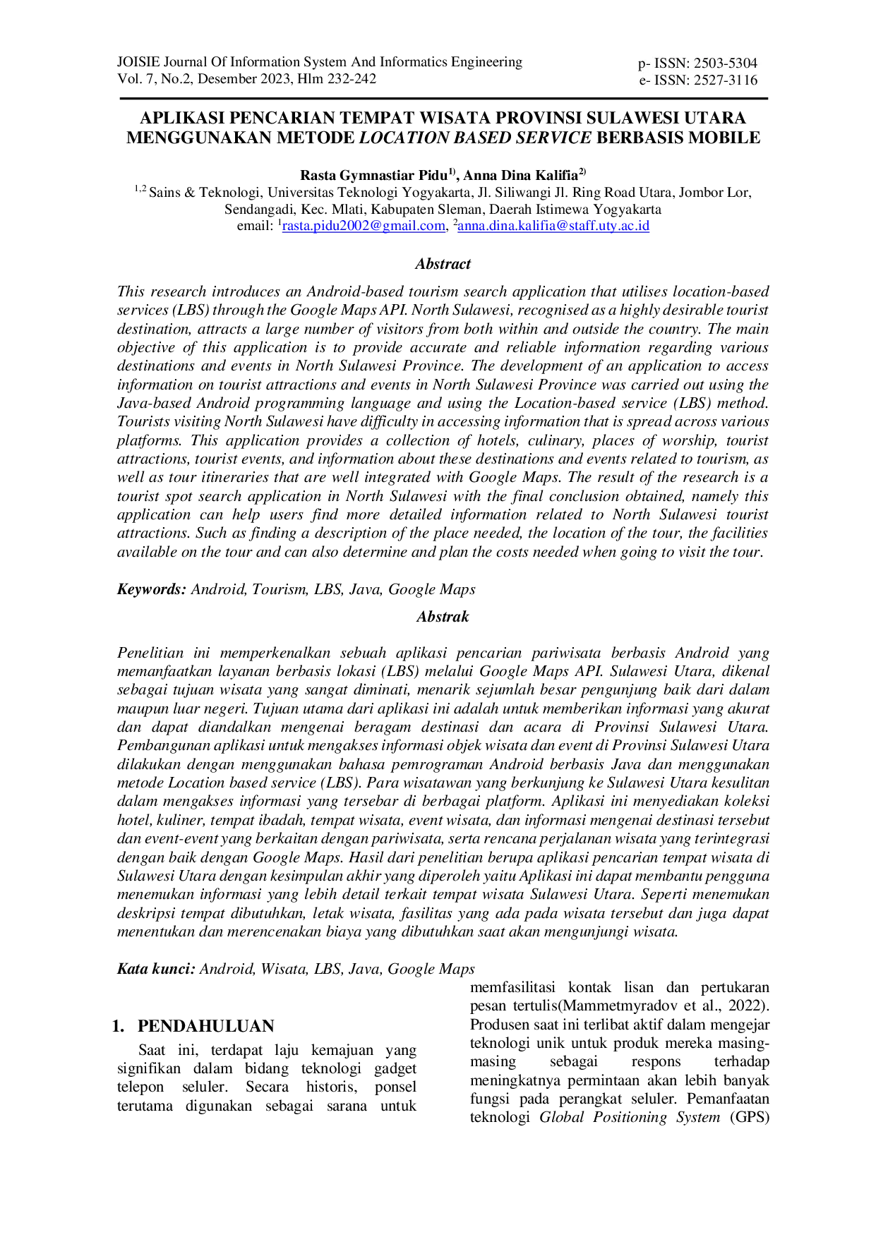 JURIS APLIKASI PENCARIAN TEMPAT WISATA PROVINSI SULAWESI UTARA MENGGUNAKAN METODE LOCATION BASED SERVICE BERBASIS MOBILE