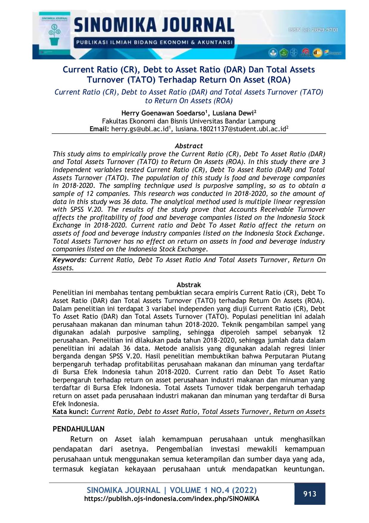 JURIS Current Ratio CR Debt to Asset Ratio DAR Dan Total Assets Turnover TATO Terhadap Return On Asset ROA