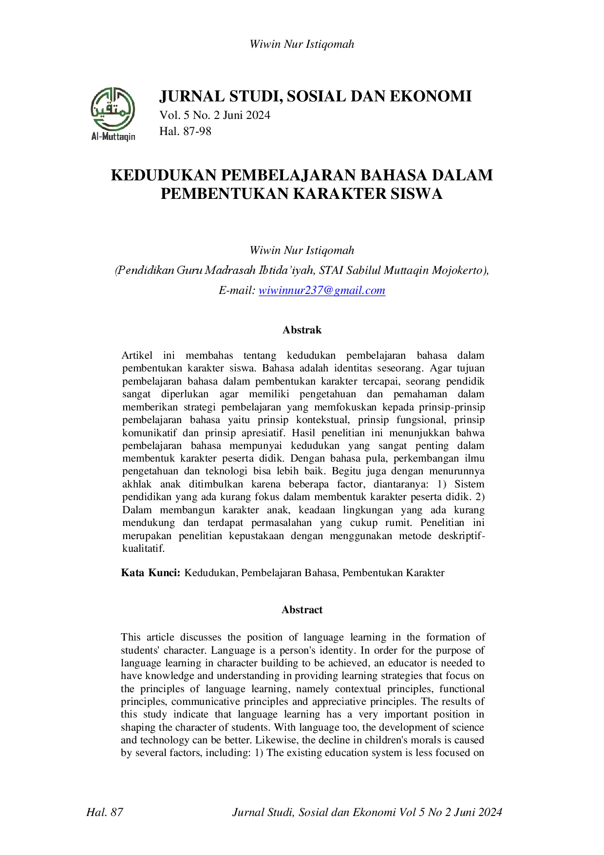 juris Kedudukan Pembelajaran Bahasa Dalam Pembentukan Karakter Siswa