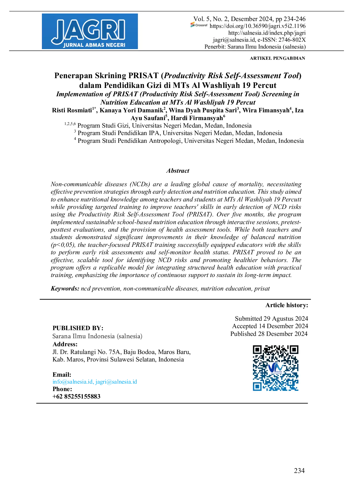 JURIS Penerapan Skrining PRISAT Productivity Risk Self Assessment Tool Dalam Pendidikan Gizi Di MTs Al Washliyah 19 Percut