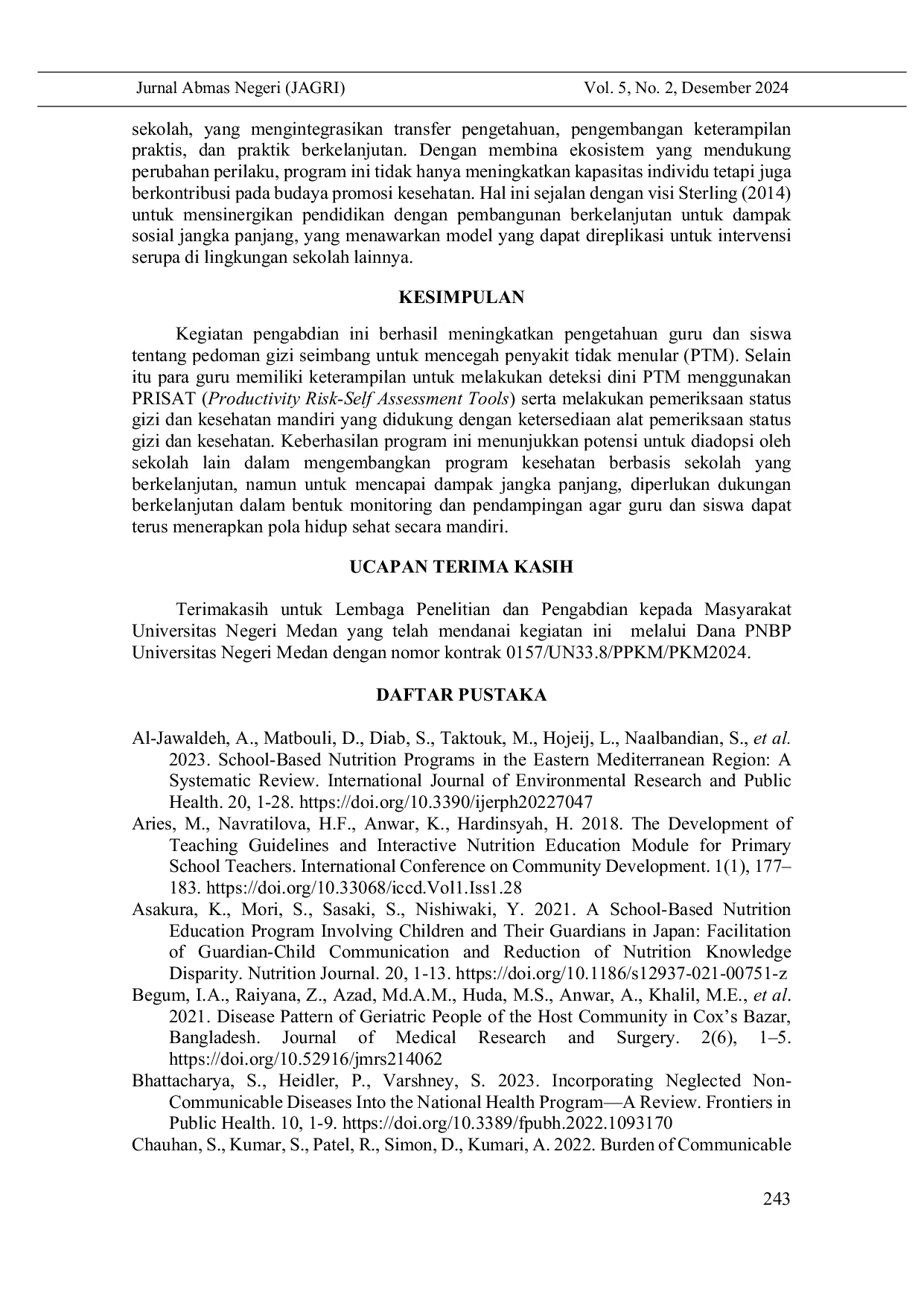 JURIS Penerapan Skrining PRISAT Productivity Risk Self Assessment Tool Dalam Pendidikan Gizi Di MTs Al Washliyah 19 Percut