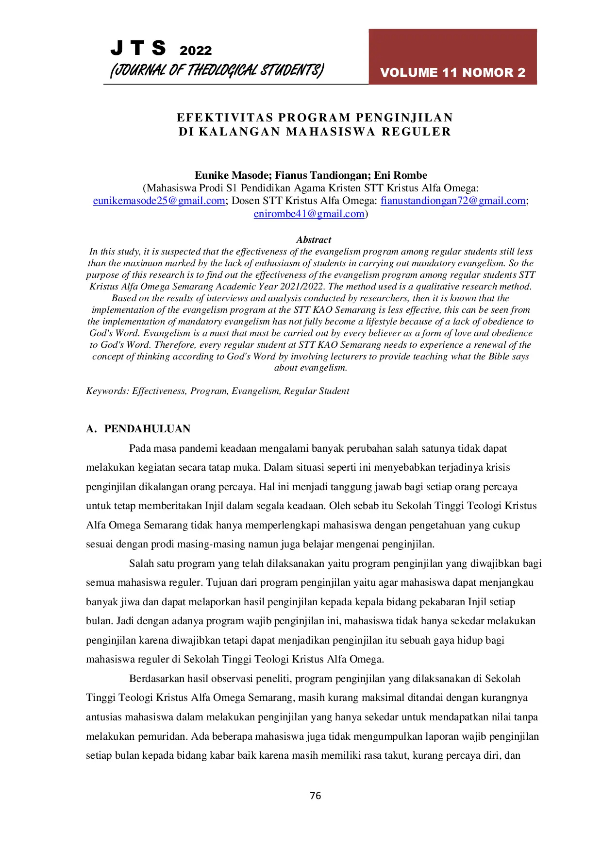 JURIS Efektivitas Program Penginjilan Di Kalangan Mahasiswa Regular