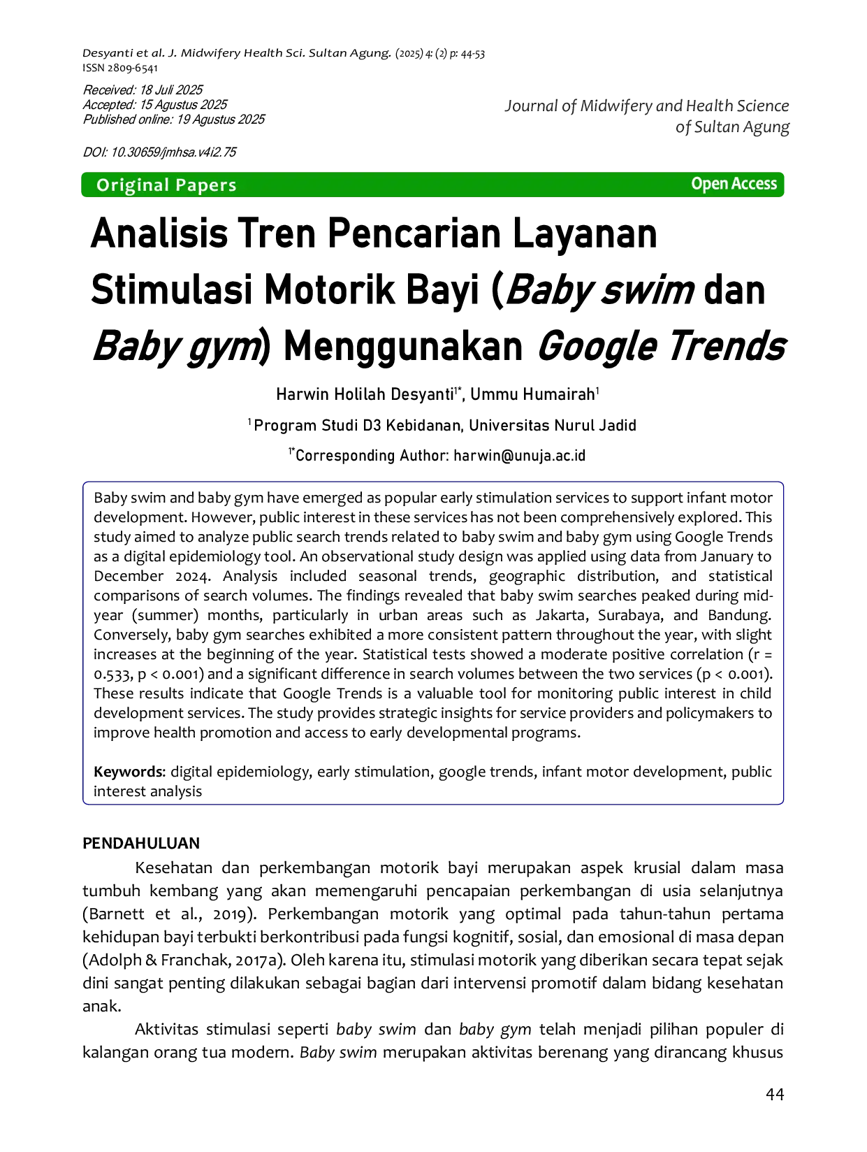 JURIS Analisis Tren Pencarian Layanan Stimulasi Motorik Bayi Baby Swim Dan Baby Gym Menggunakan Google Trends