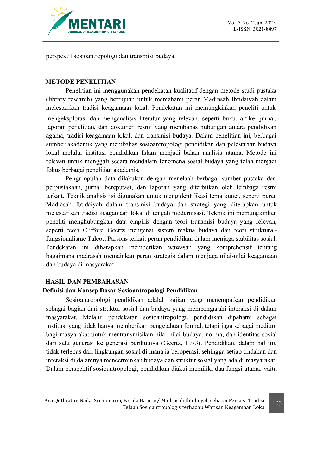 JURIS Madrasah Ibtidaiyah sebagai Penjaga Tradisi Telaah Sosioantropologis terhadap Warisan Keagamaan Lokal