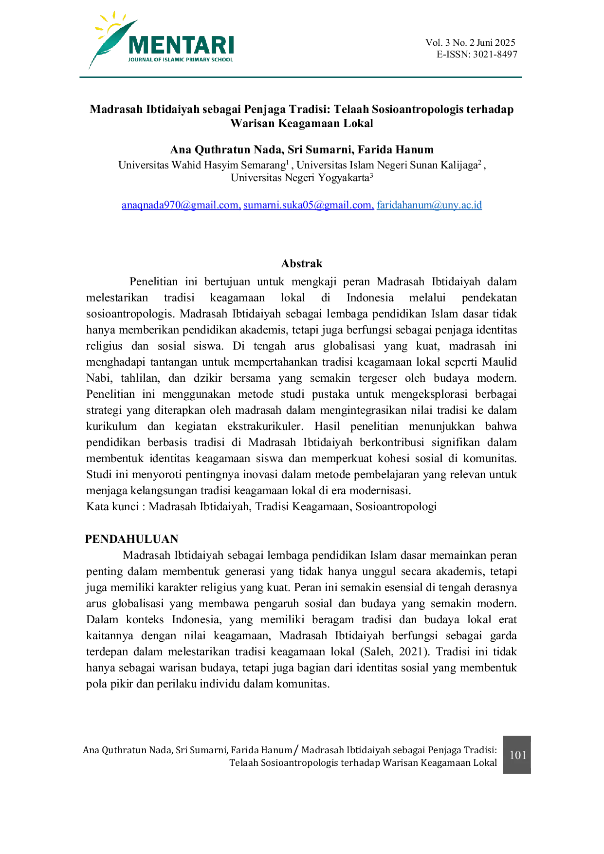 JURIS Madrasah Ibtidaiyah sebagai Penjaga Tradisi Telaah Sosioantropologis terhadap Warisan Keagamaan Lokal
