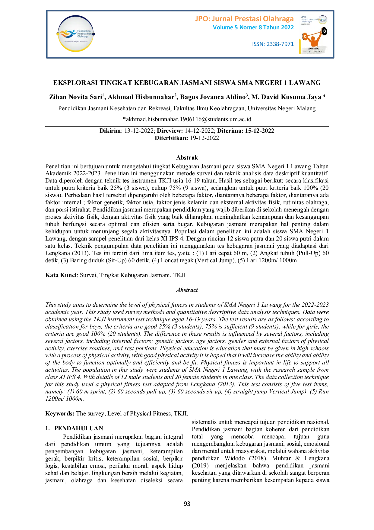 JURIS Eksplorasi Tingkat Kebugaran Jasmani Siswa SMA Negeri 1 Lawang