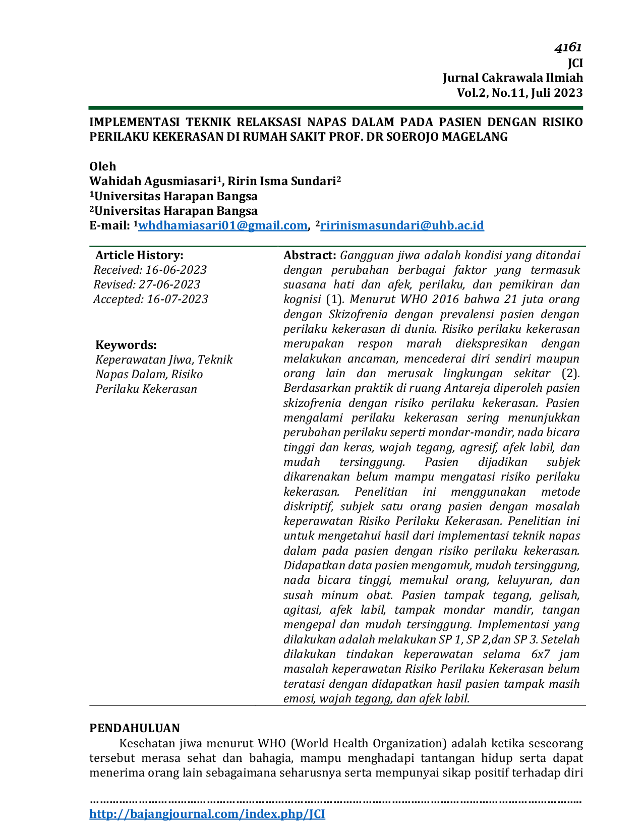 JURIS Implementasi Teknik Relaksasi Napas Dalam Pada Pasien Dengan Risiko Perilaku Kekerasan Di Rumah Sakit Prof Dr Soerojo Magelang