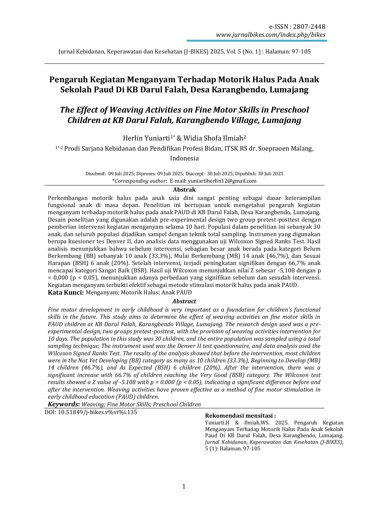 JURIS Pengaruh Kegiatan Menganyam Terhadap Motorik Halus Pada Anak Sekolah Paud Di KB Darul Falah Desa Karangbendo Lumajang