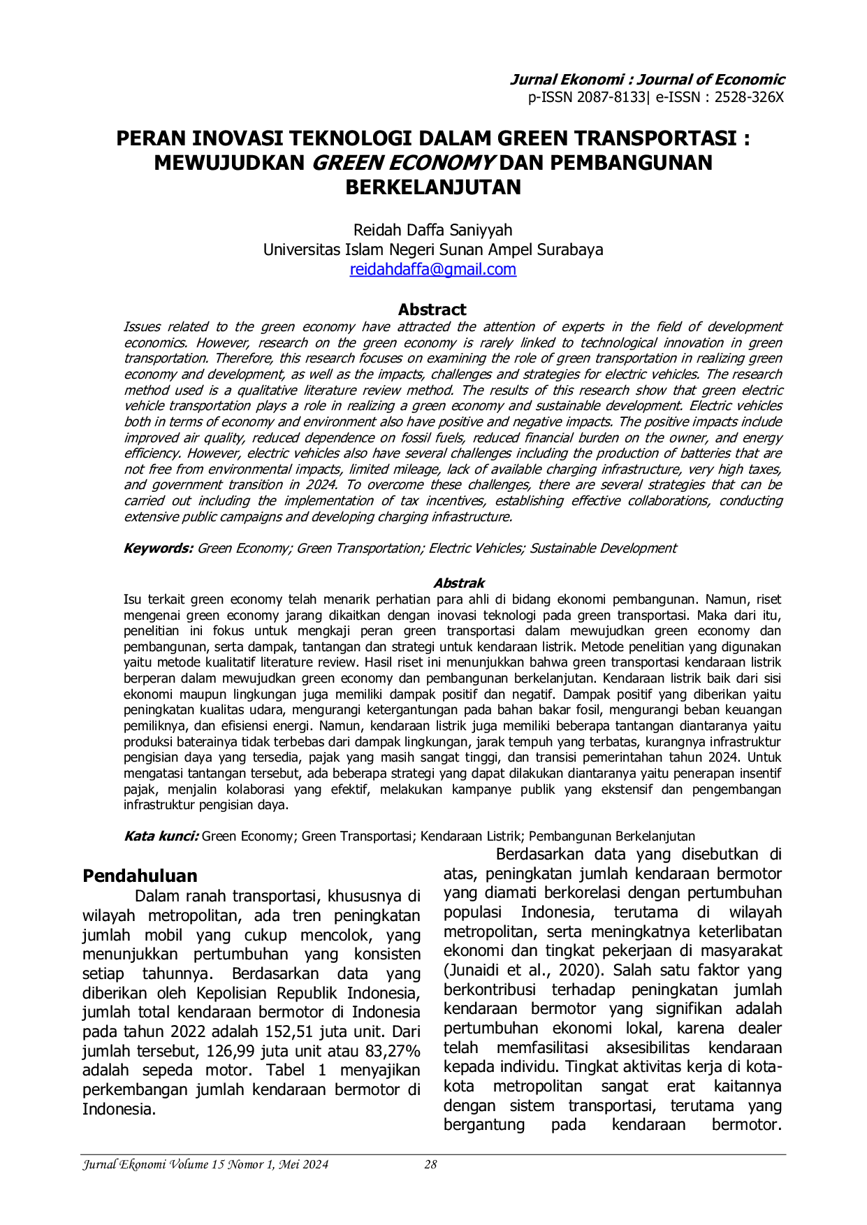 JURIS Peran Inovasi Teknologi Dalam Green Transportasi Mewujudkan Green Economy Dan Pembangunan Berkelanjutan