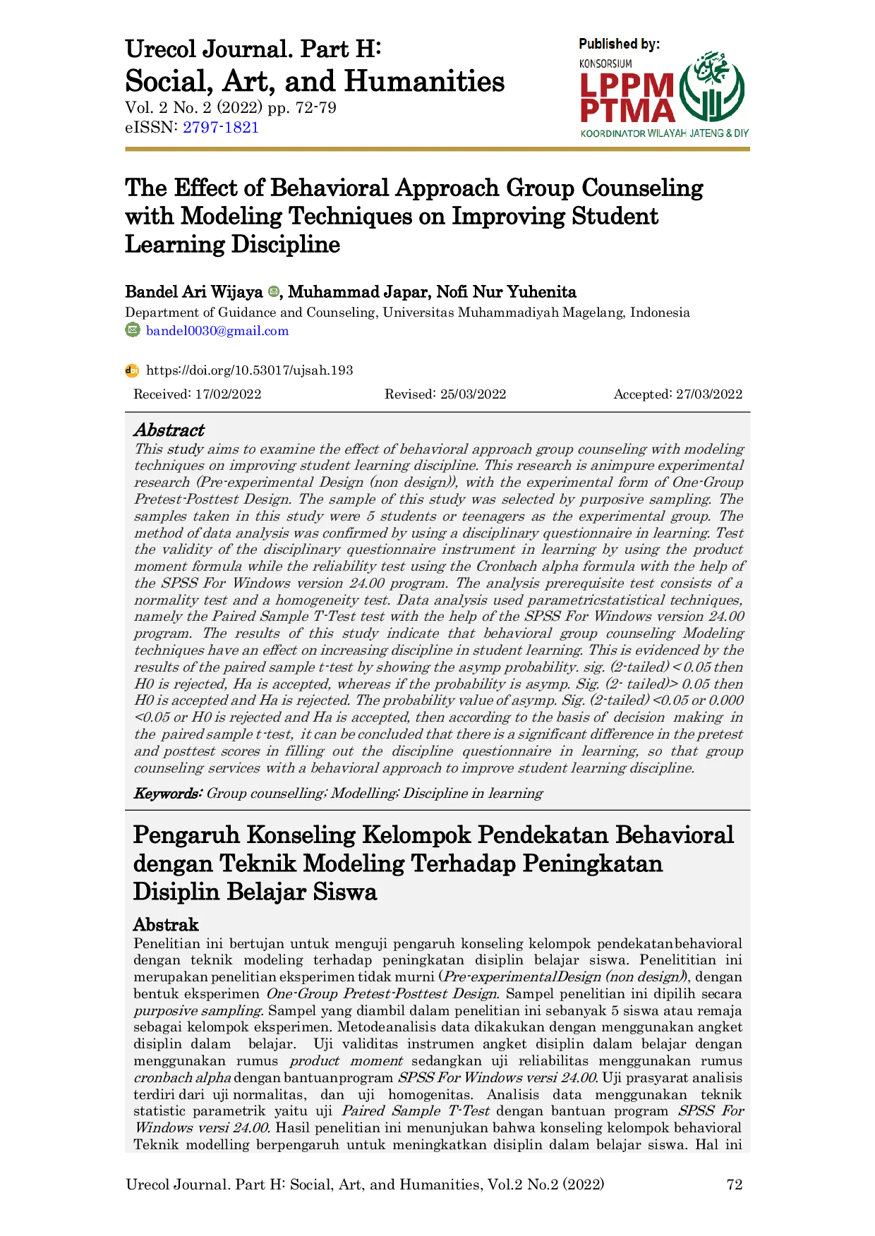 JURIS The Effect of Behavioral Approach Group Counseling with Modeling Techniques on Improving Student Learning Discipline