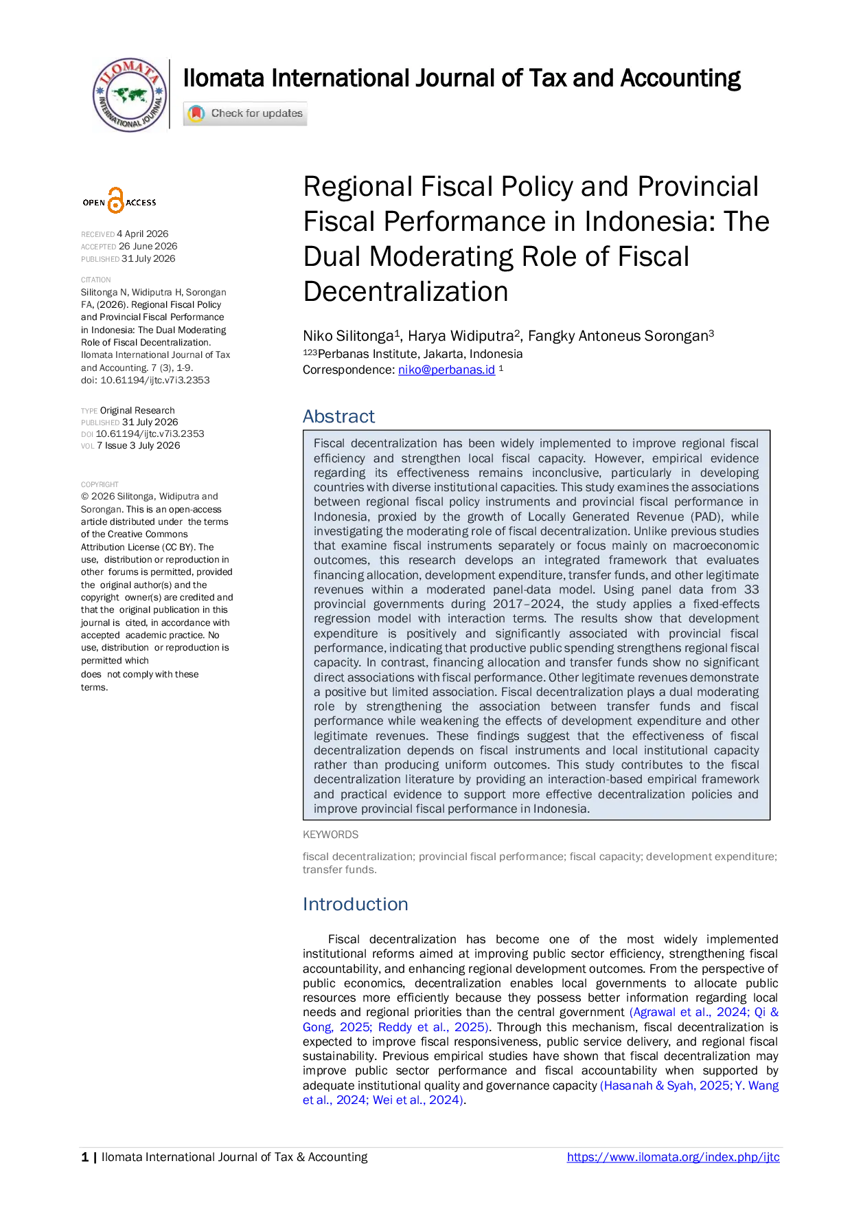 JURIS Regional Fiscal Policy and Provincial Fiscal Performance in Indonesia The Dual Moderating Role of Fiscal Decentralization