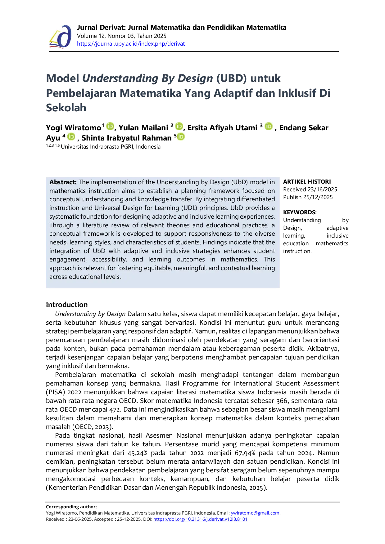 JURIS Model Understanding By Design UBD untuk Pembelajaran Matematika yang Adaptif dan Inklusif di Sekolah