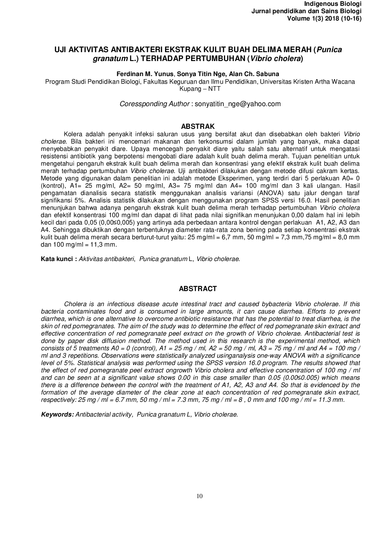 JURIS UJI AKTIVITAS ANTIBAKTERI EKSTRAK KULIT BUAH DELIMA MERAH Punica granatum L TERHADAP PERTUMBUHAN Vibrio cholera