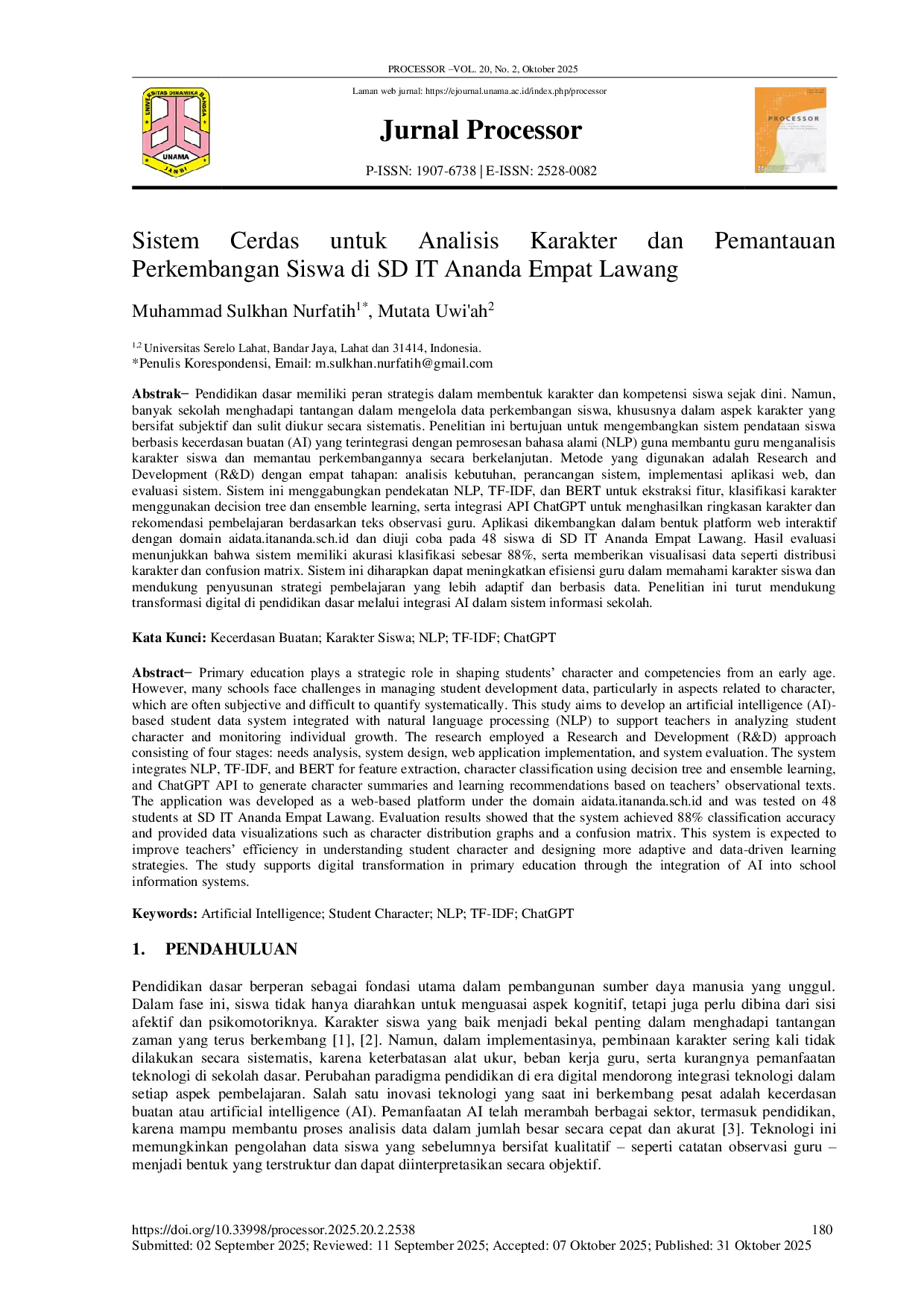 JURIS Sistem Pendataan Siswa Berbasis AI untuk Analisis Karakter dan Monitoring Perkembangan di SD IT Ananda Empat Lawang